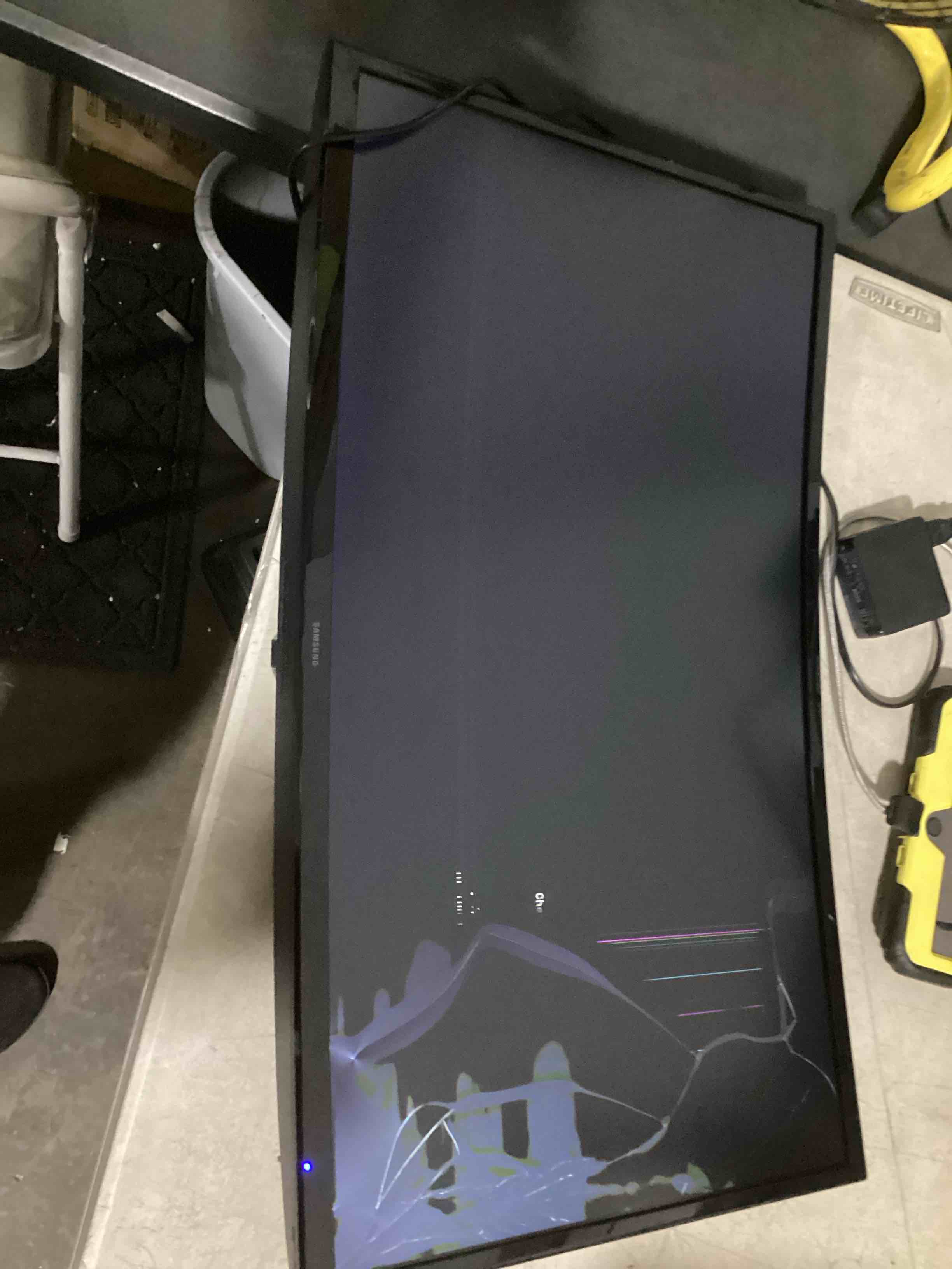 Condition photo showing As Is for screen display damaged samsung 27" essential s3 (s36gd) series fhd 1800r curved computer monitor, 100hz, game mode, advanced eye comfort, hdmi and d-sub ports, ls27d366ganxza, 2024