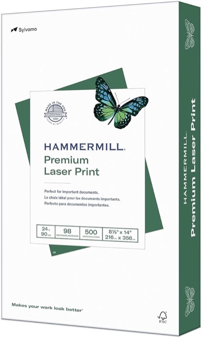 hammermill printer paper  24lb premium laser print  8.5x14  white  1 ream  500 sheets