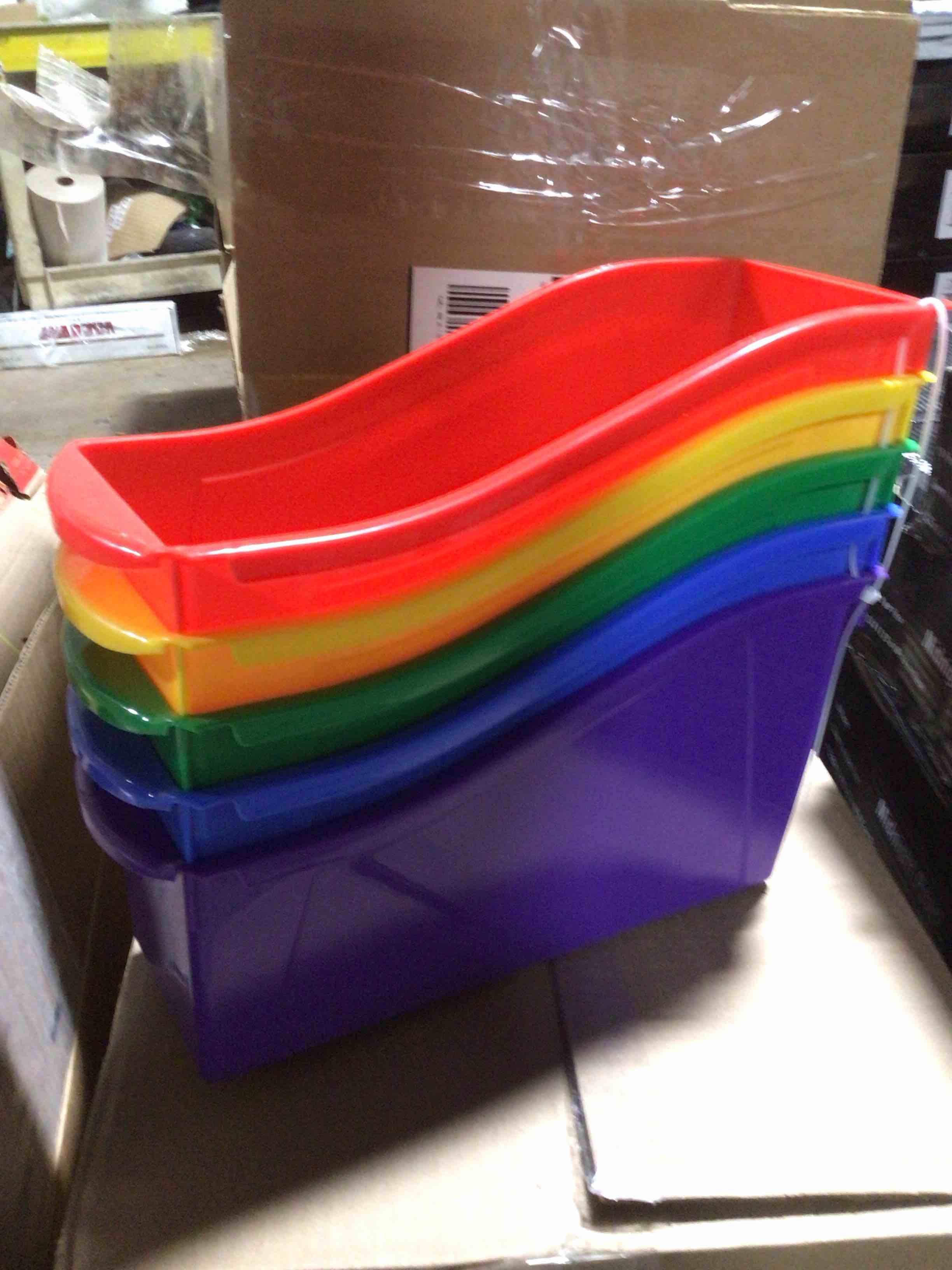 Condition photo showing New/Like New for Storex Large Plastic Book and Magazine Bin Assorted Colors Set of 5