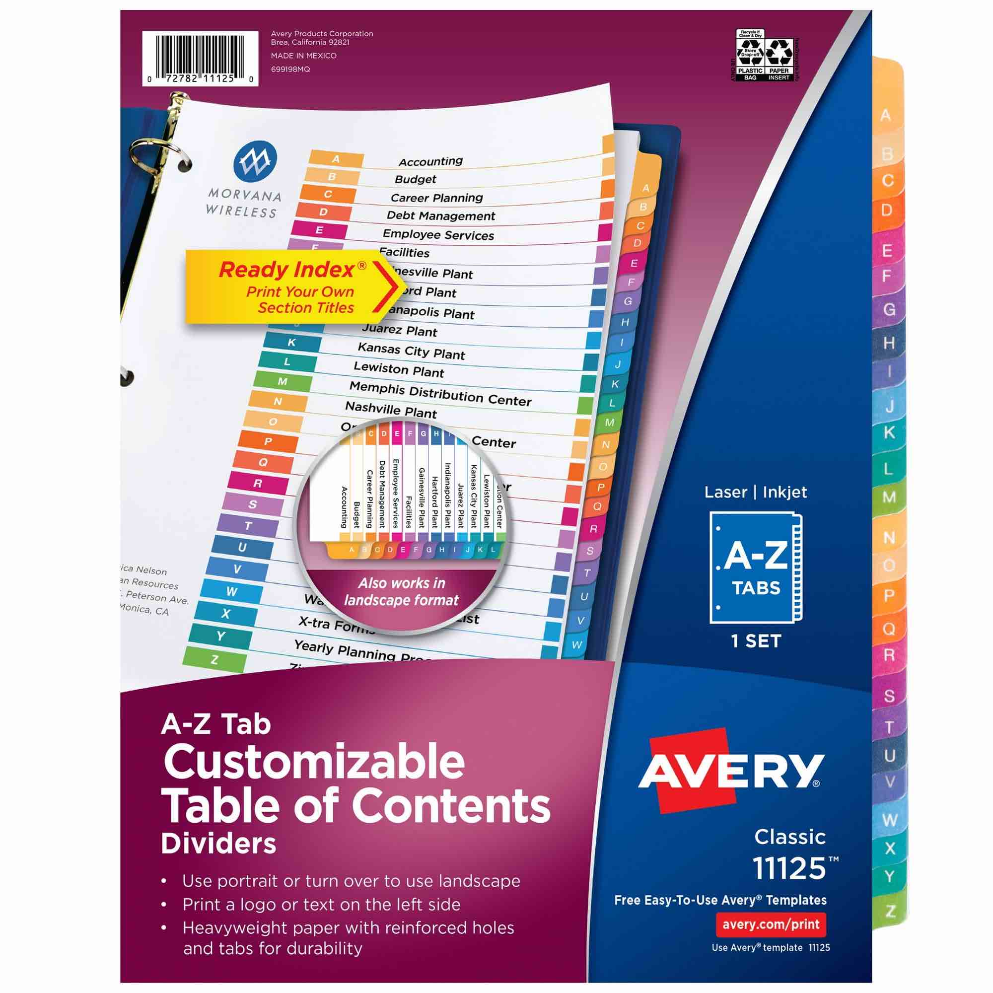 Pack of 6 Avery Ready Index Contemporary Table/Content Divider, Title: A-Z, Multi, Letter