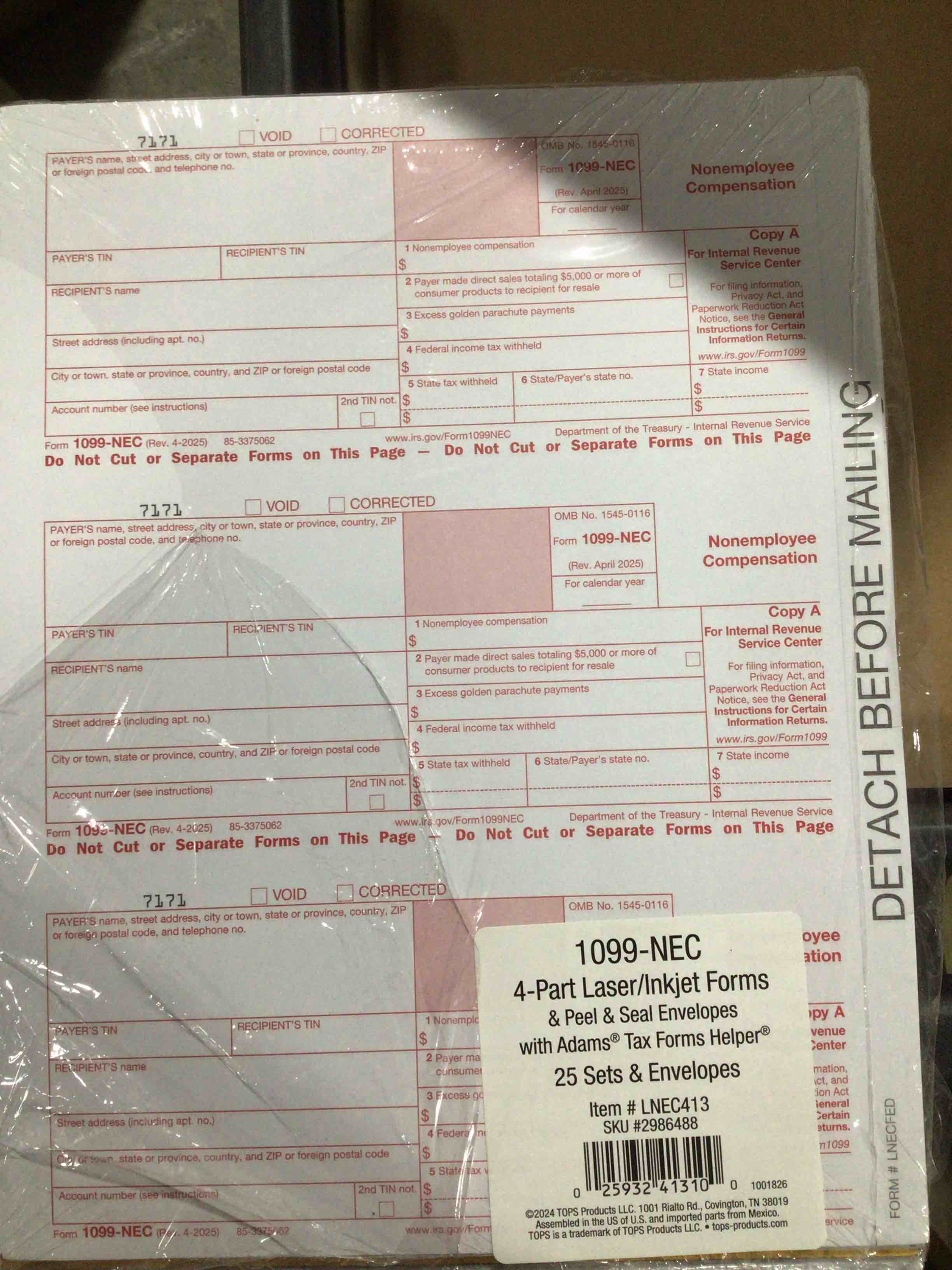 Condition photo showing New/Like New for TOPS 2023 1099-NEC Tax Form Kit with Envelopes 4-Part 25/Pack (LNEC413)