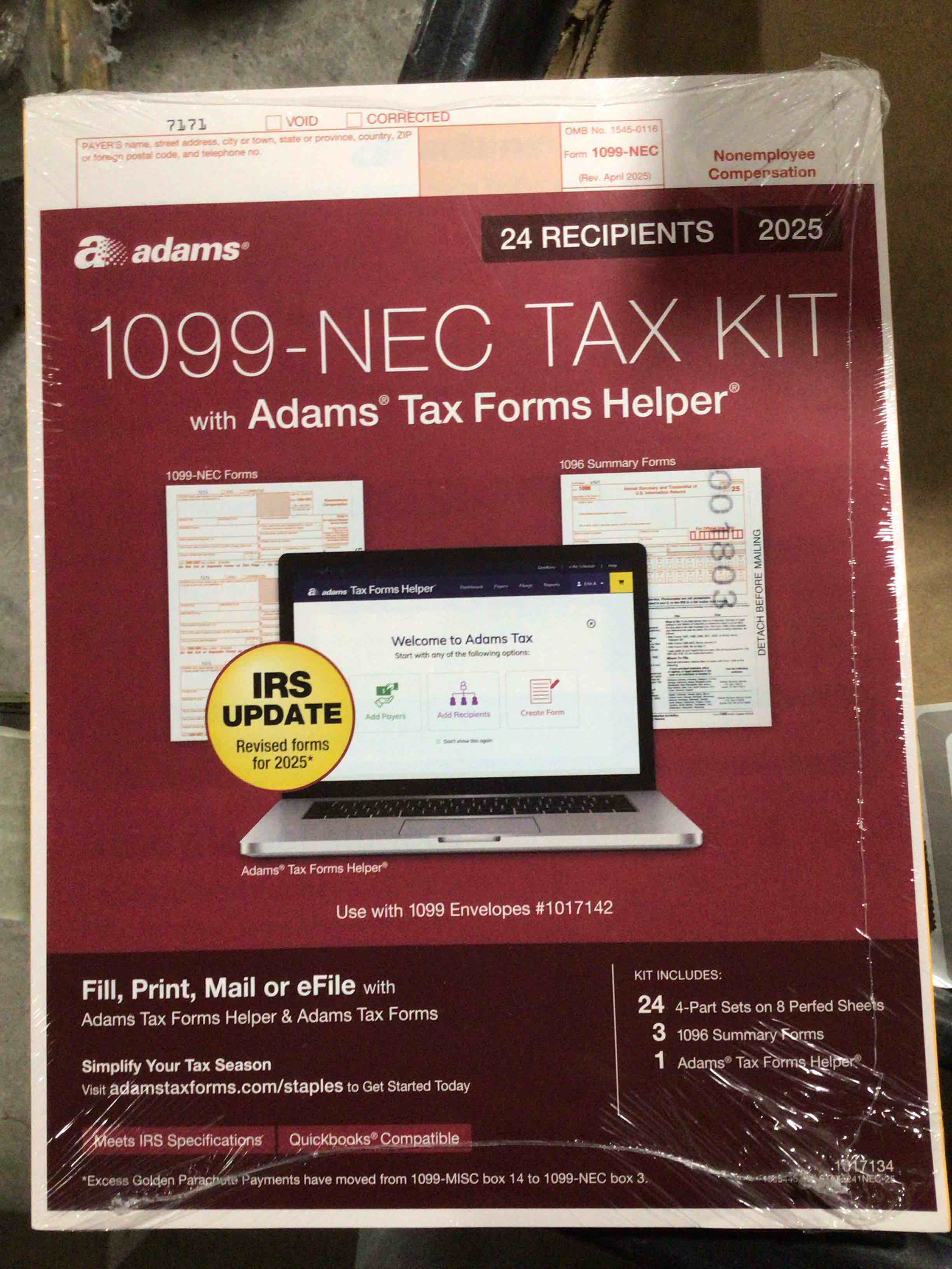 Condition photo showing New/Like New for TOPS Adams 2025 1099-NEC Online Tax Kit, 4-Part, 8.5" x 11", 24/Pack