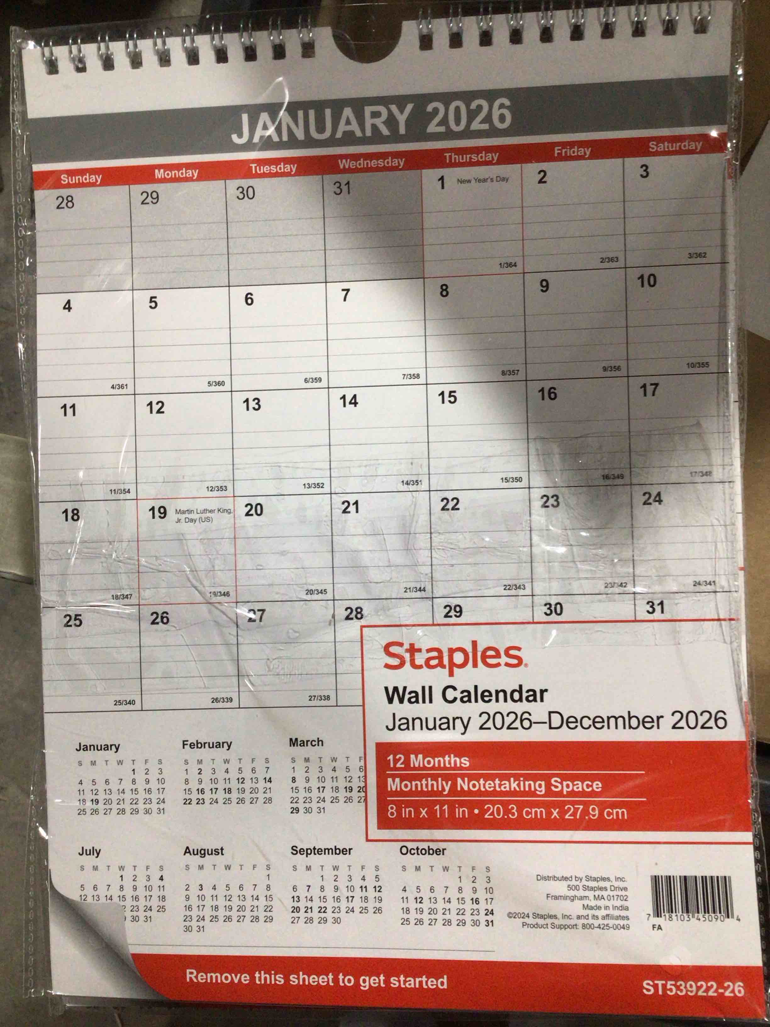 Condition photo showing New/Like New for Pack of 4 2026 Staples 8  x 11  Monthly Wall Calendar White/Red/Gray (ST53922-26)