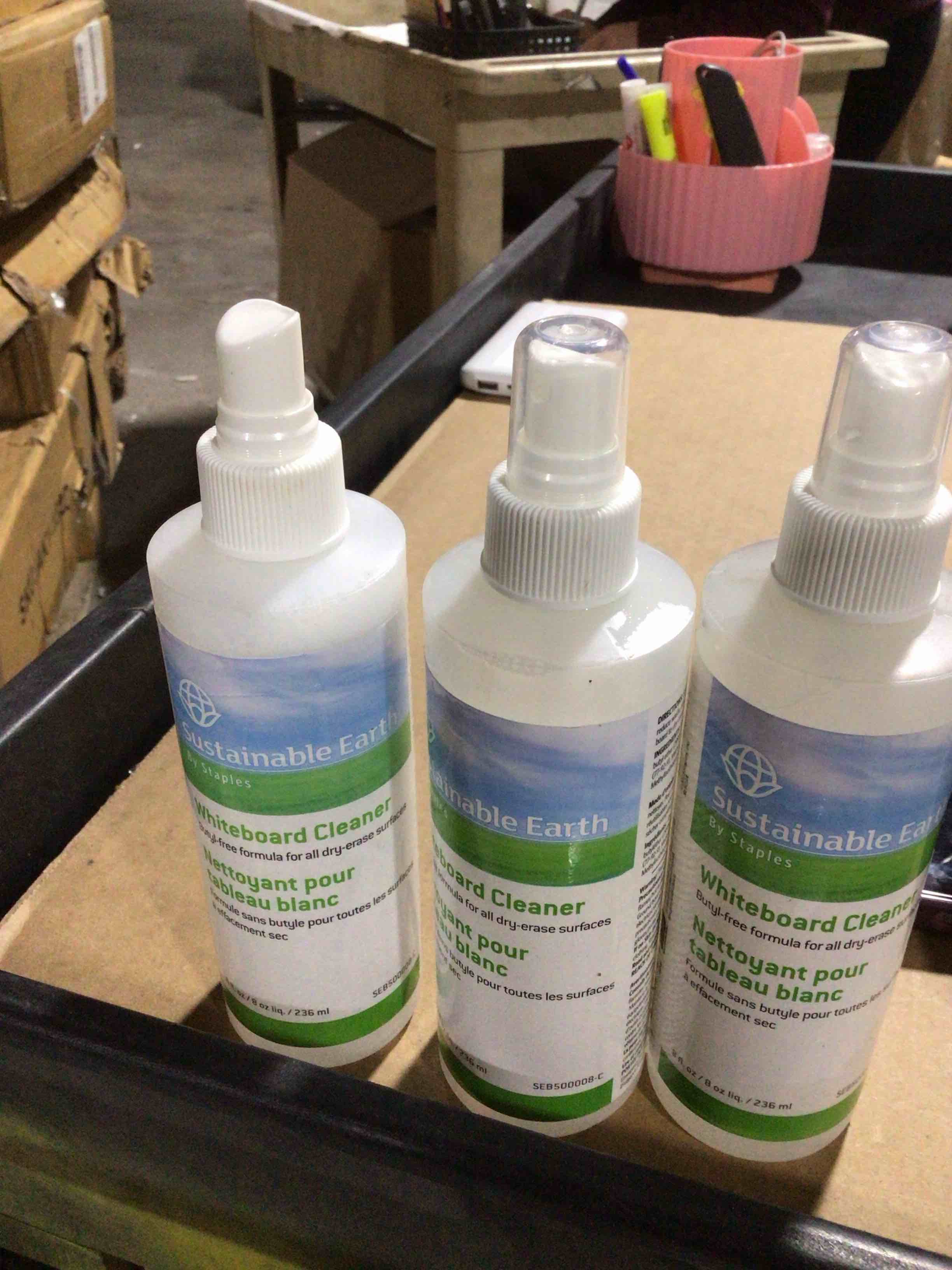 Condition photo showing As Is for Pack of 3 Sustainable Earth Whiteboard Cleaner, 8 oz. Spray Bottle, 12-PACK, SEB500008-C