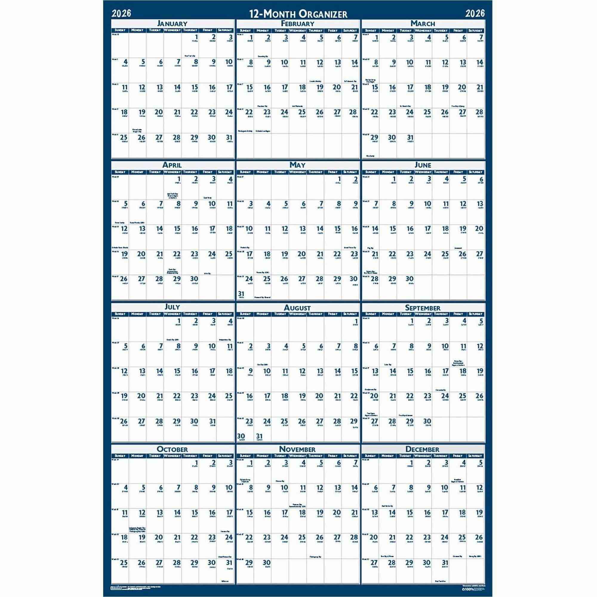 House of Doolittle 3962 12-Month (Jan to Dec): 2026 66 in. x 33 in. Recycled Poster Style Reversible/Erasable Yearly Wall Calendar - White/Blue/Gray Sheets