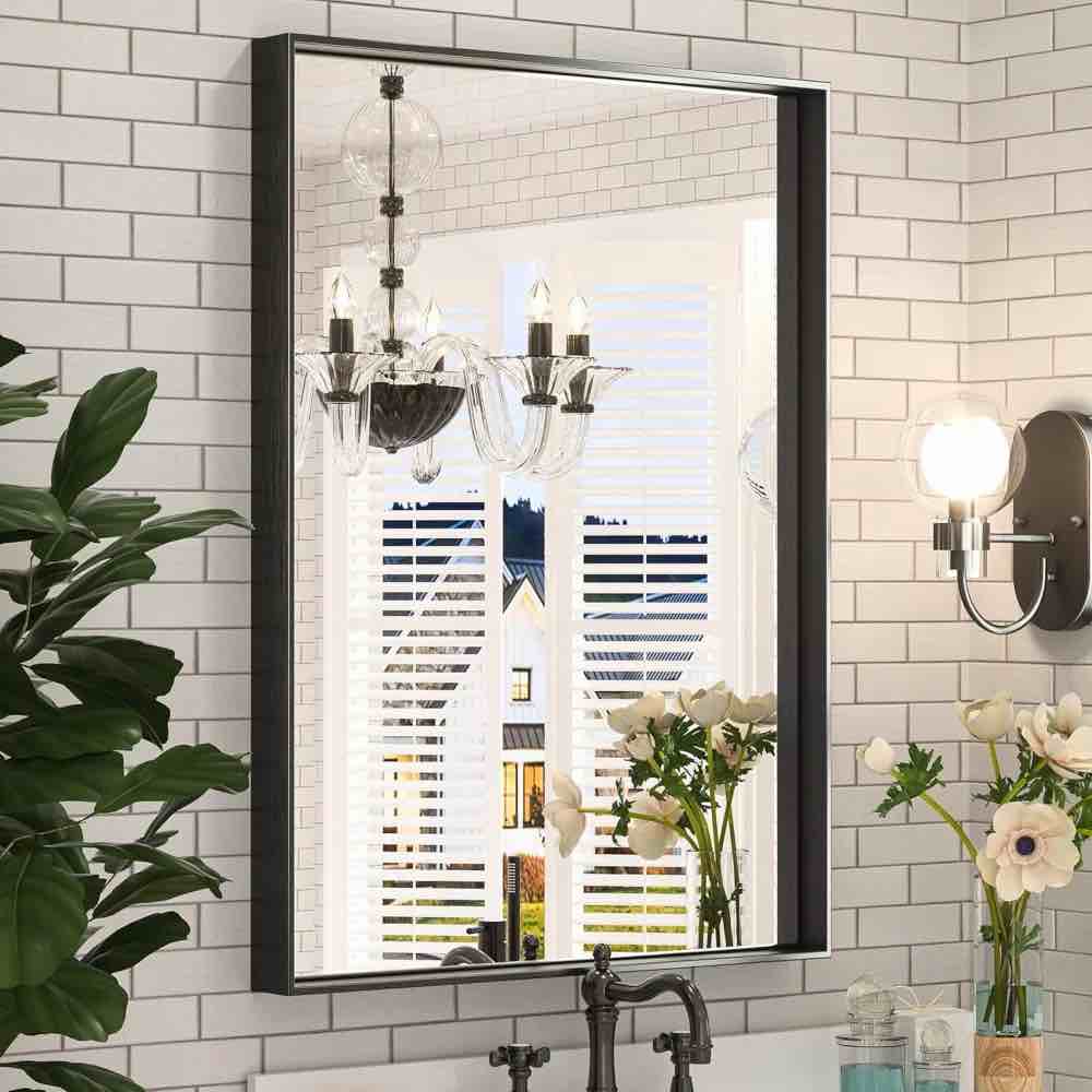 Black Vanity Mirror For Bathroom , Brushed Framed Rectangle Mirror, Wall Mount Mirrors Square Corner, Modern Farmhouse Bathroom Mirrors For Over Sink(Horizontal/Vertical)