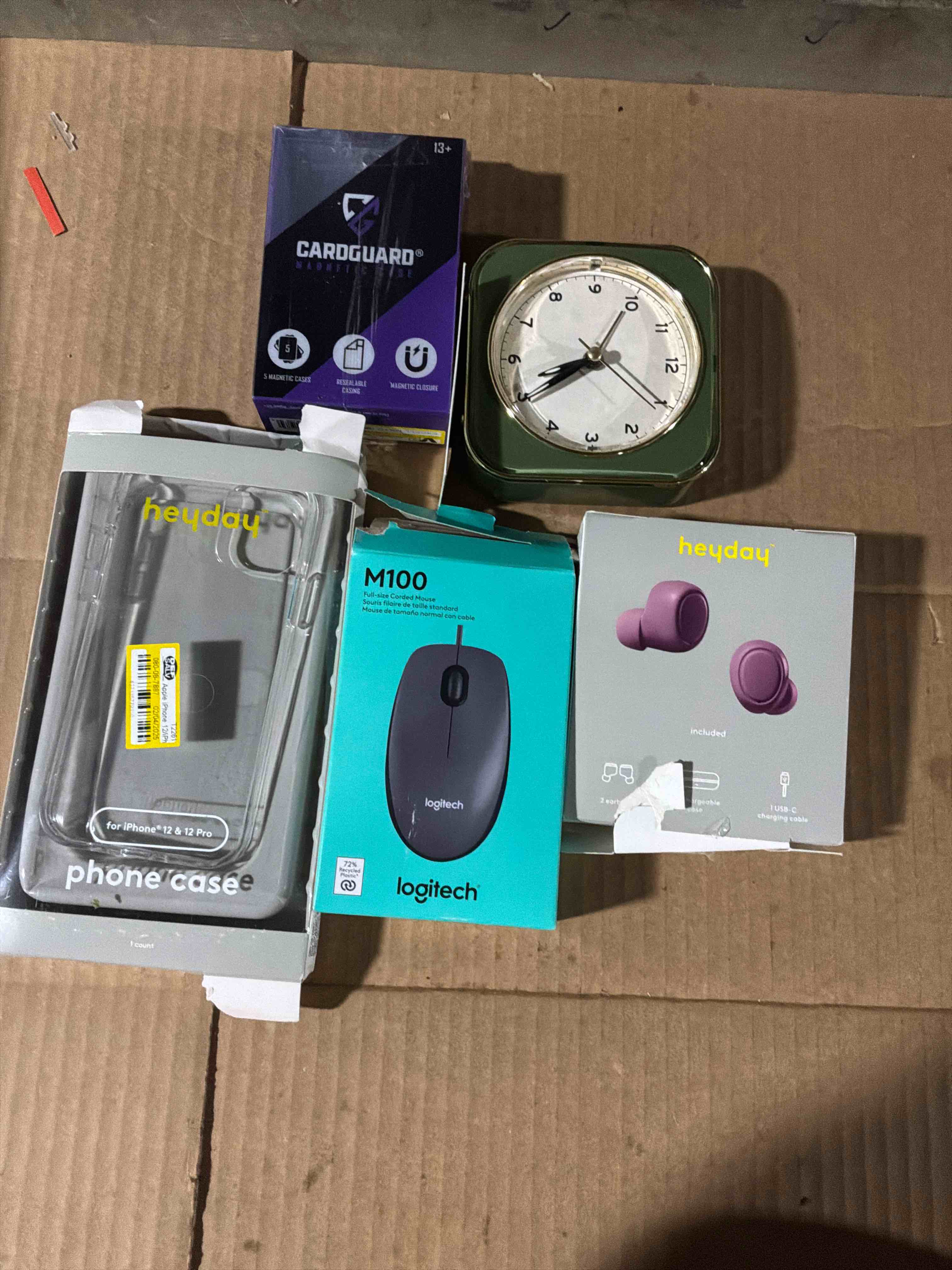 Condition photo showing New/Like New for Logitech - M100 Wired Optical Ambidextrous PC Mouse wit - Wired - Gray ,and true wireless earbuds heyday, for iPhone 12& 12 pro ,cardguard 5 magnetic cases