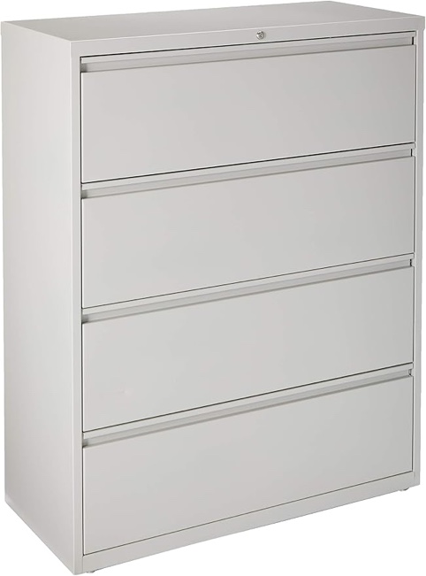 Condition photo showing New/Like New for 4 Drawer 42 in lateral file cabinet light grey .heavy duty filing .letter legal 52.5 in hex 42 in wax 18.6in D