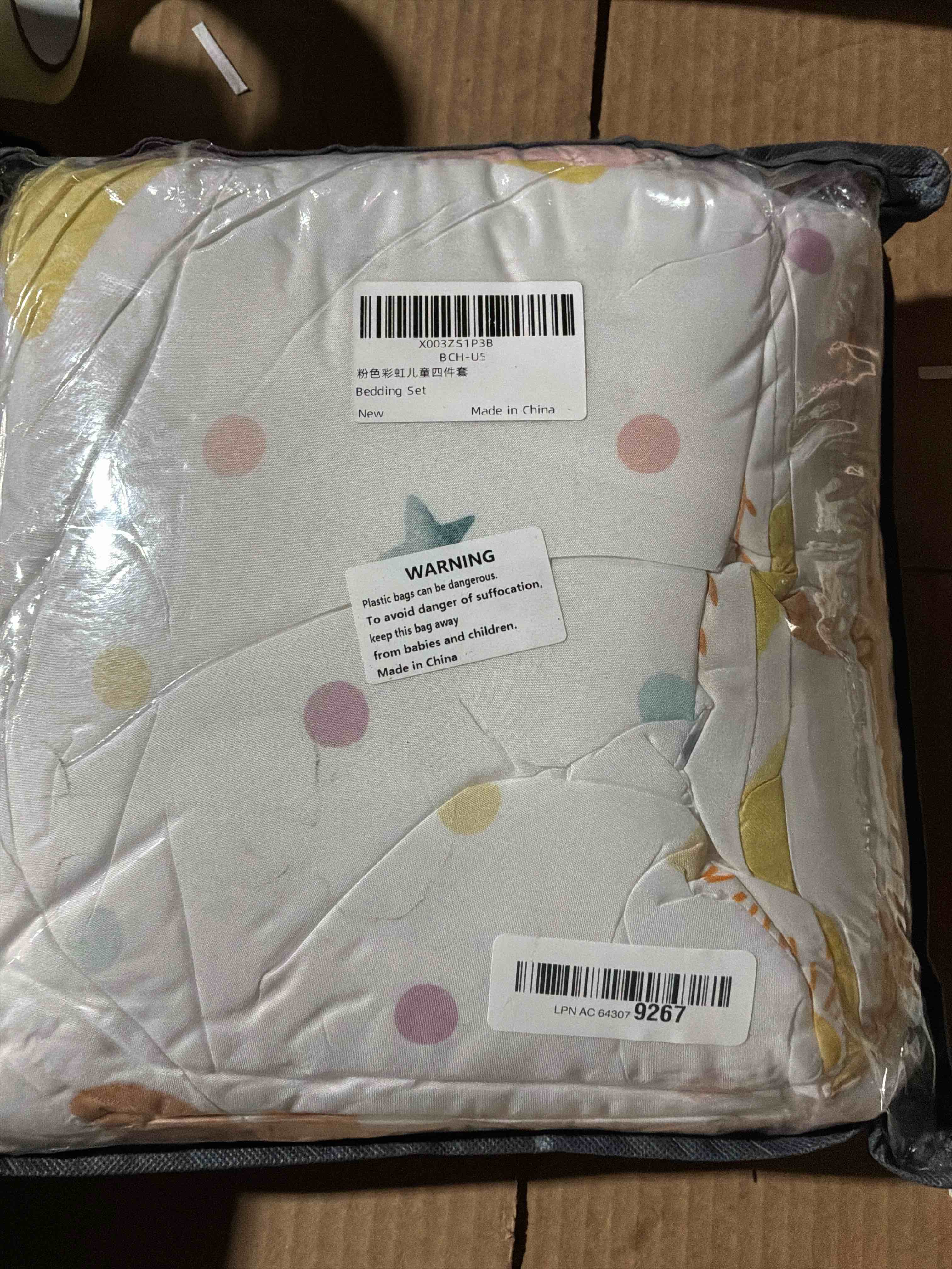 Condition photo showing New/Like New for Toddler Bedding Set for Girls, 4 Piece Rainbow Toddler Girl Bedding Set, Super Soft & Lightweight Toddler Comforter Set Includes Comforter, Flat Sheet, Fitted Sheet, Pillowcase (Pink) Sun&rainbow toddler