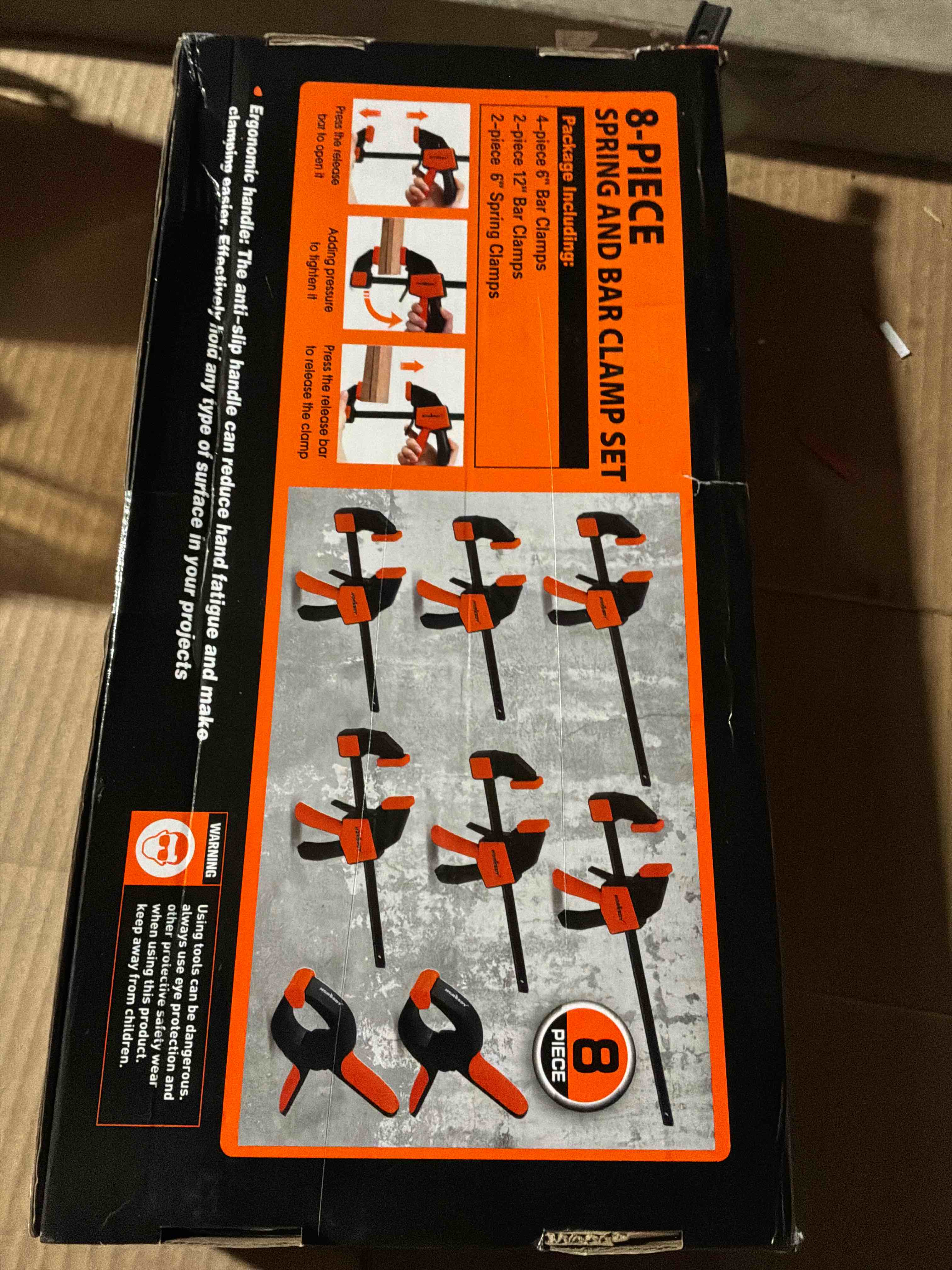 Condition photo showing New/Like New for HORUSDY 8-Pack Bar Clamps for Woodworking, 12" and 6" Bar Clamps, Wood Working Clamp Sets, Quick Clamps F Clamp with 150 LBS Load Limit (8-Pack Wood Clamps) 8-Pack 12" and 6" Bar Clamps Orange