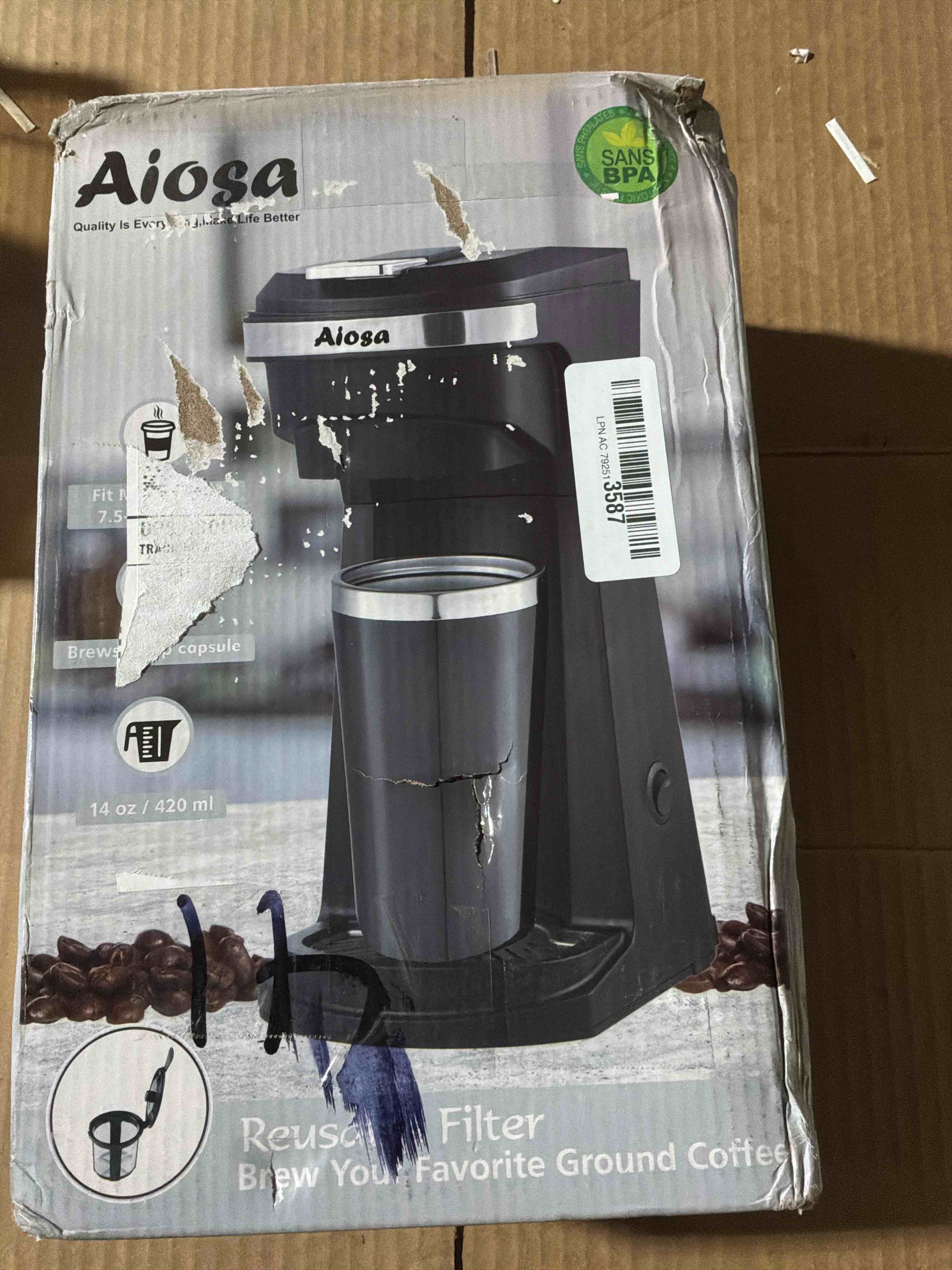 Condition photo showing Good Condition for Aiosa 2 in 1 Single Serve Kcup Coffee Maker (6-14Oz), 800W Fast Brew, Compact Design with Reusable Filter, One-Button Auto Shut-Off, Travel Mug Fit, Compatible with K-Cup/Ground Coffee/Tea, Black