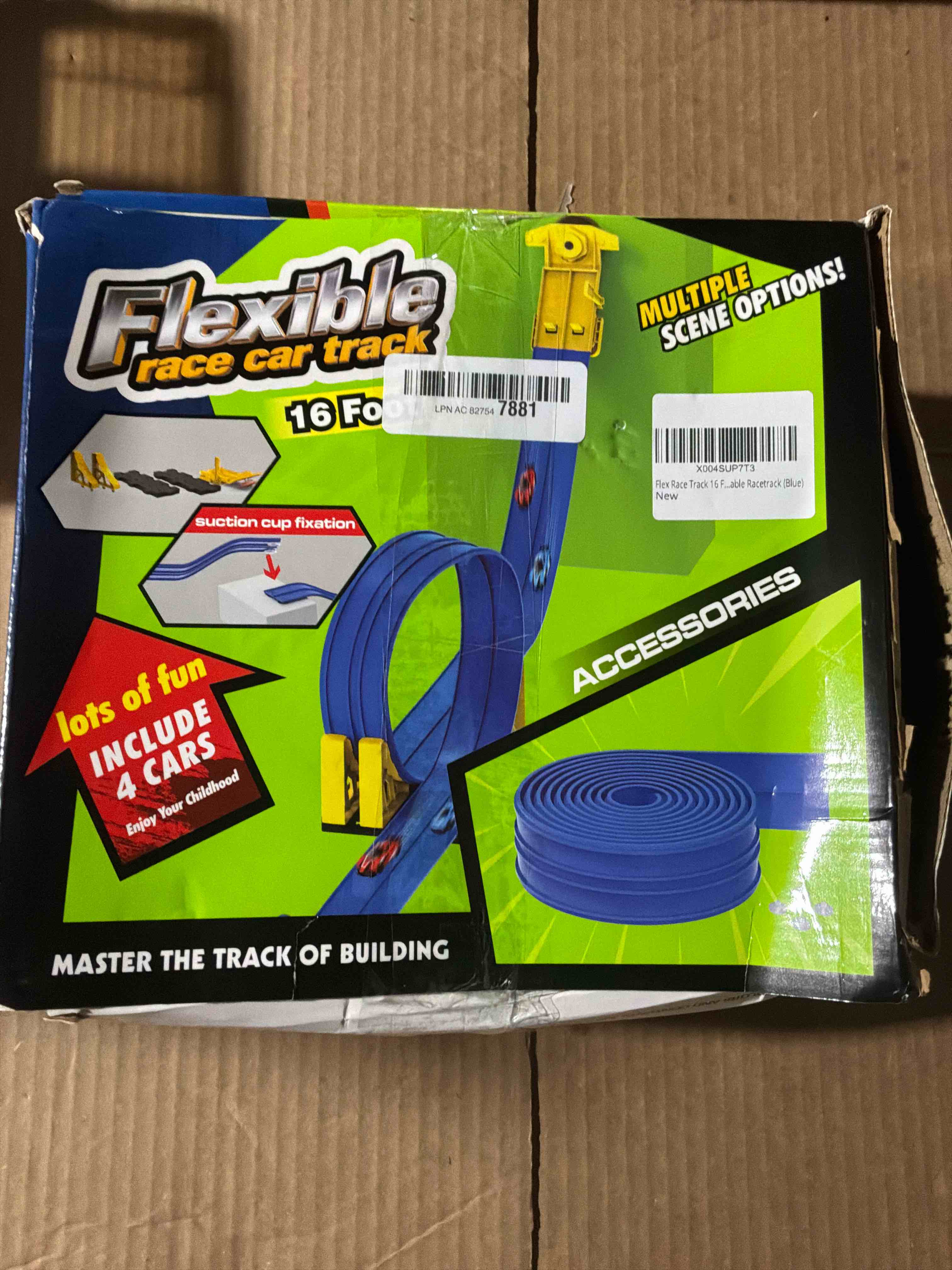 Condition photo showing New/Like New for Flex Race Track 16 Ft with Start Gate Accessories Compatible with Diecast 1/64th Cars, Flexible Car Track Toys for Ages 3+ Kids Toddlers Roll Out Portable Racetrack (Blue) Blue With Start Gate Accessories