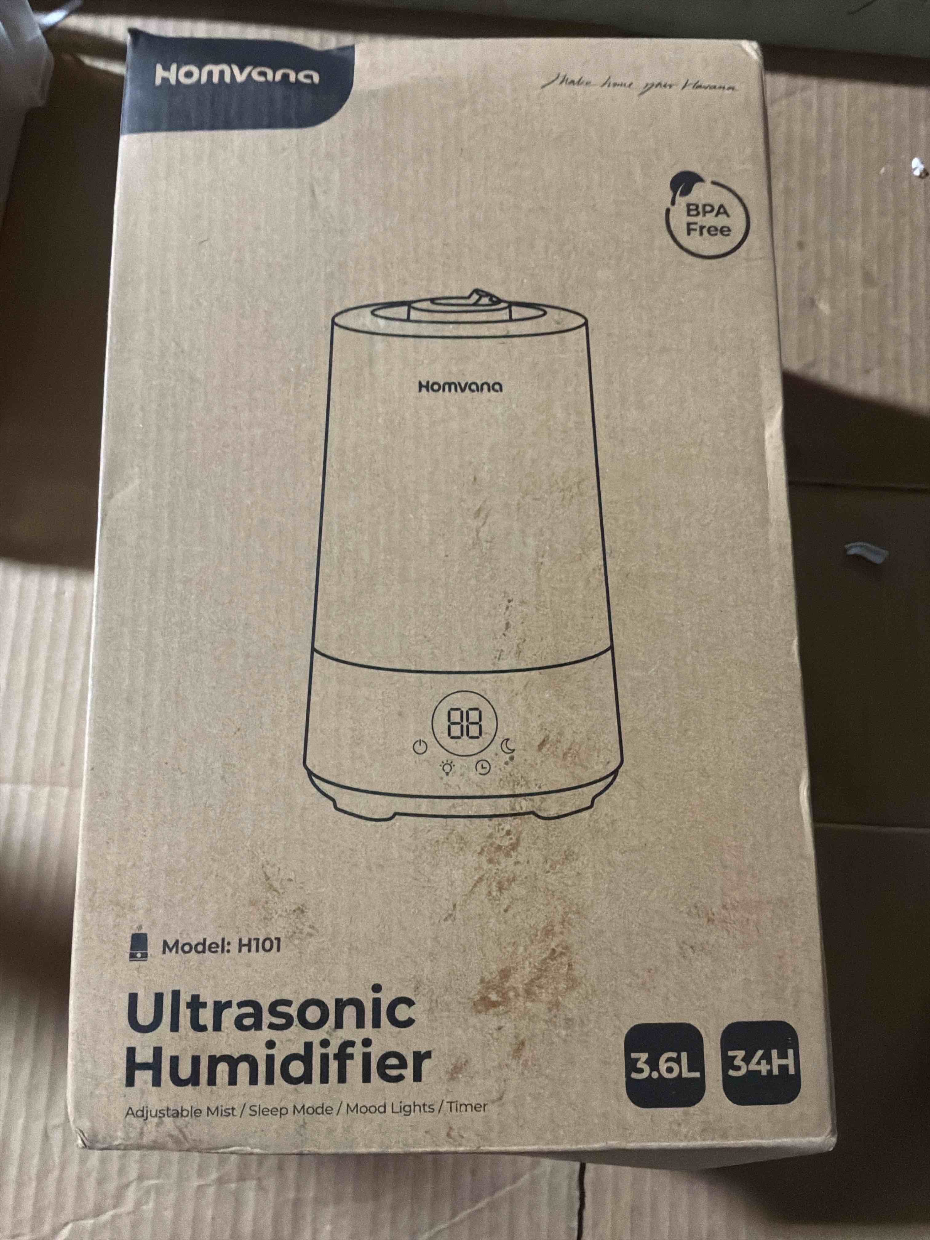 Condition photo showing New/Like New for Homvana Humidifiers for Bedroom Home, 3.6 L Cool Mist Top-Fill 34H Super Long Time, Quiet 23dB, Baby Humidifier, Oil Diffuser for Large Room, Plants, Nursery, Office BPA FREE, 7 Color Light Ultrasonic Grey