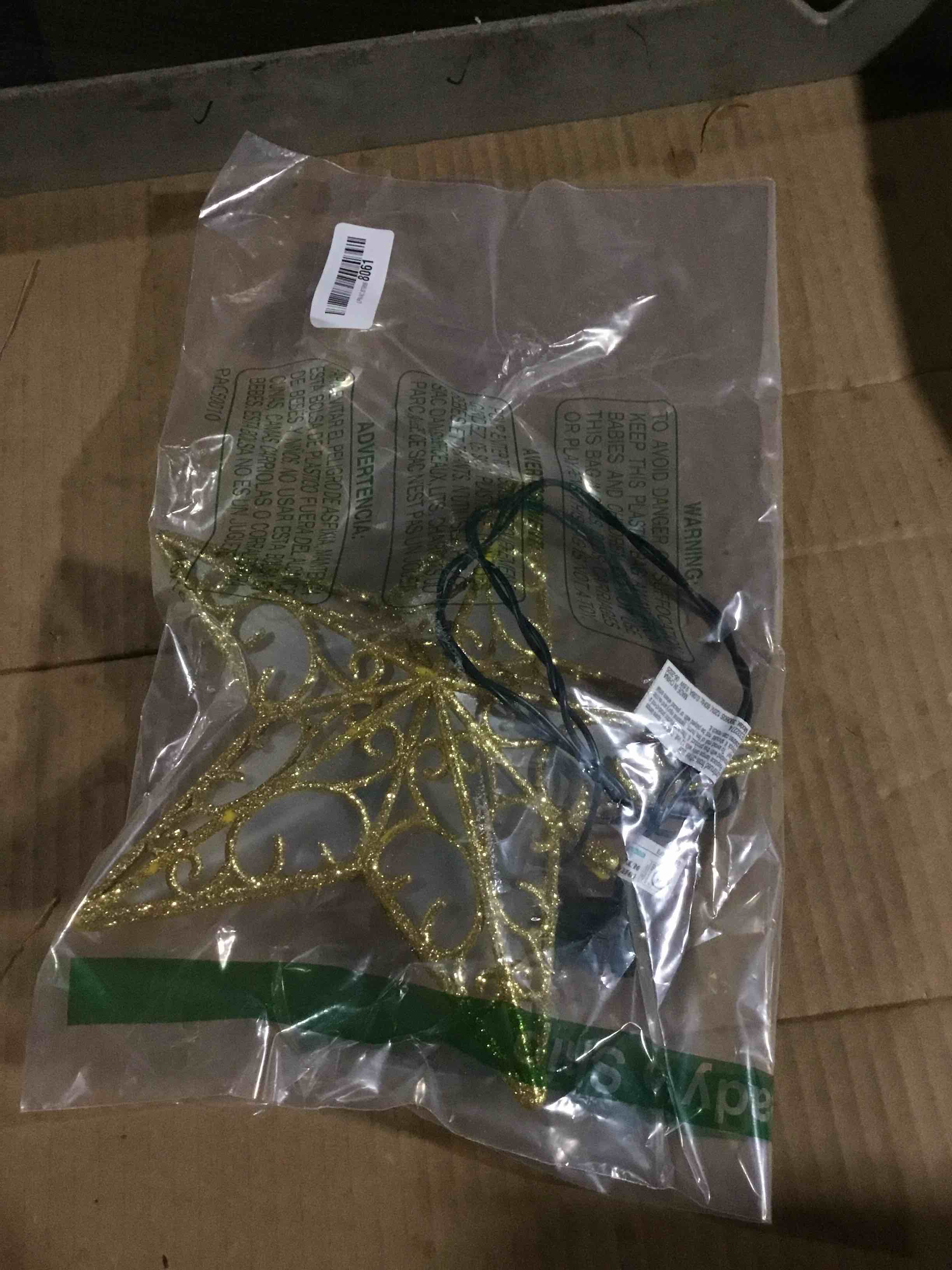 Condition photo showing Good Condition for Christmas Star Tree Topper, 9.5 in Plug in Golden Glittered 3D Star Tree Topper, Metal Hollow Designed Built-in 10 Bulbs String Lights for Indoor Office Christmas New Year Holiday Tree Decoration Pvc Gold Star 1 Pack