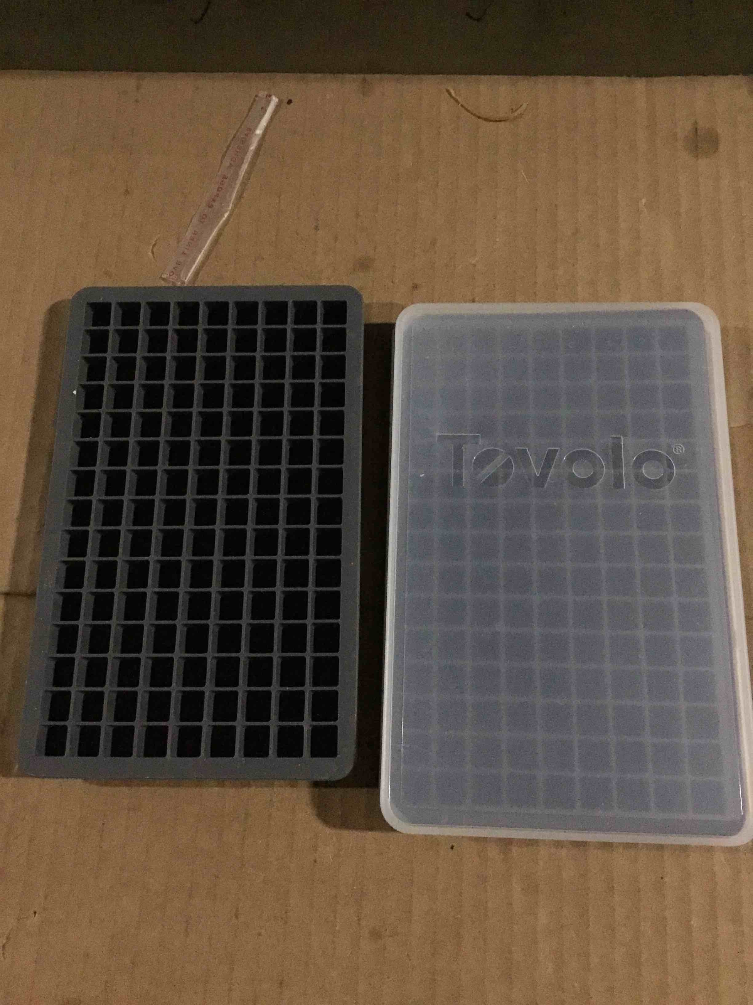 Condition photo showing Good Condition for (2 pack)) Tovolo Mini Ice Cube Tray with Lid Small Tiny Ice Maker for Freezer, Silicone Mini Ice Cube Tray Small Square Nugget Ice Makes 135 Tiny Cubes BPA Free Stackable Dishwasher Safe Charcoal Gray Trays