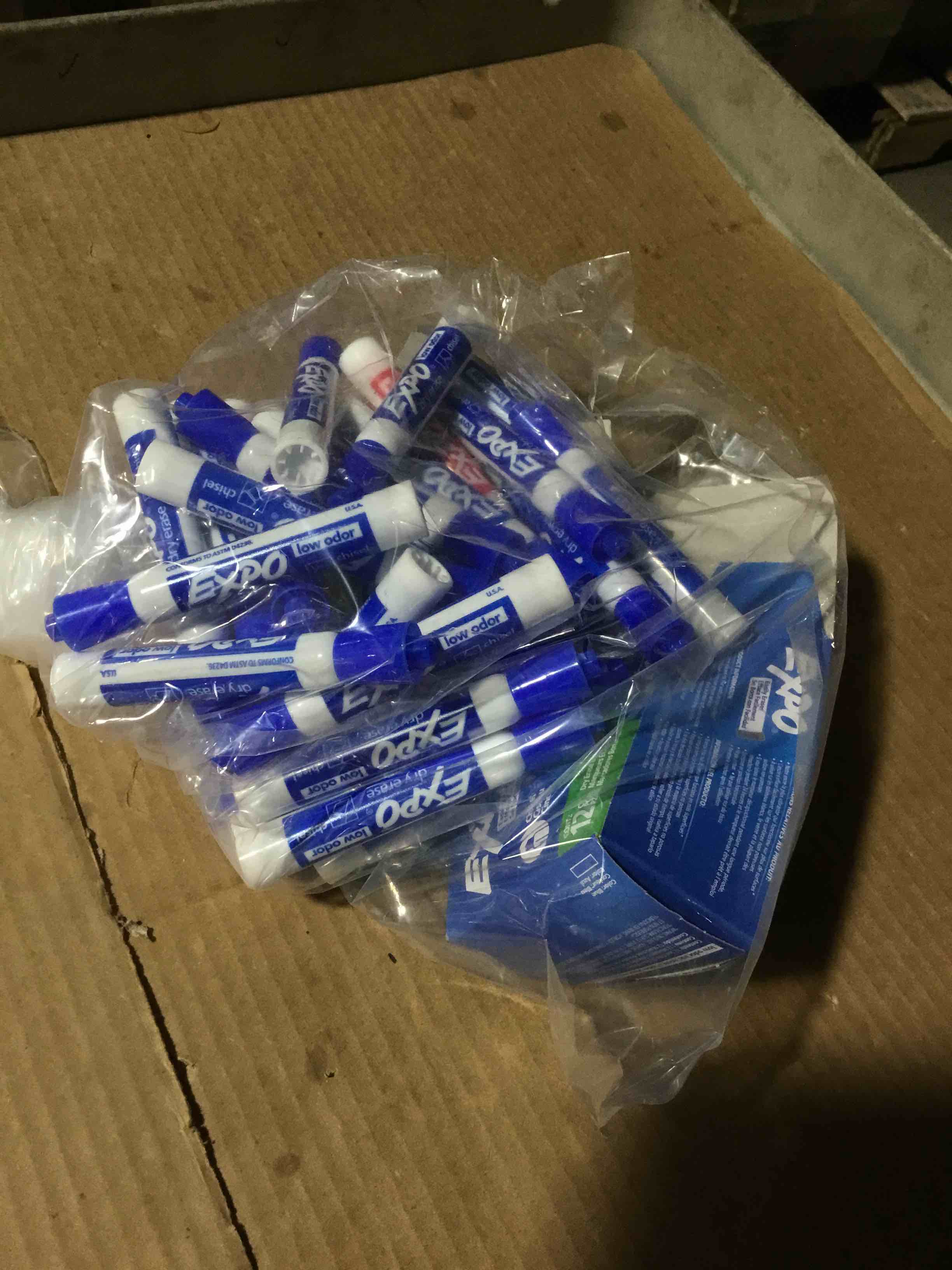Condition photo showing As Is for Expo® Low Odor Dry Erase Markers  Chisel Tip  Blue  12 Count