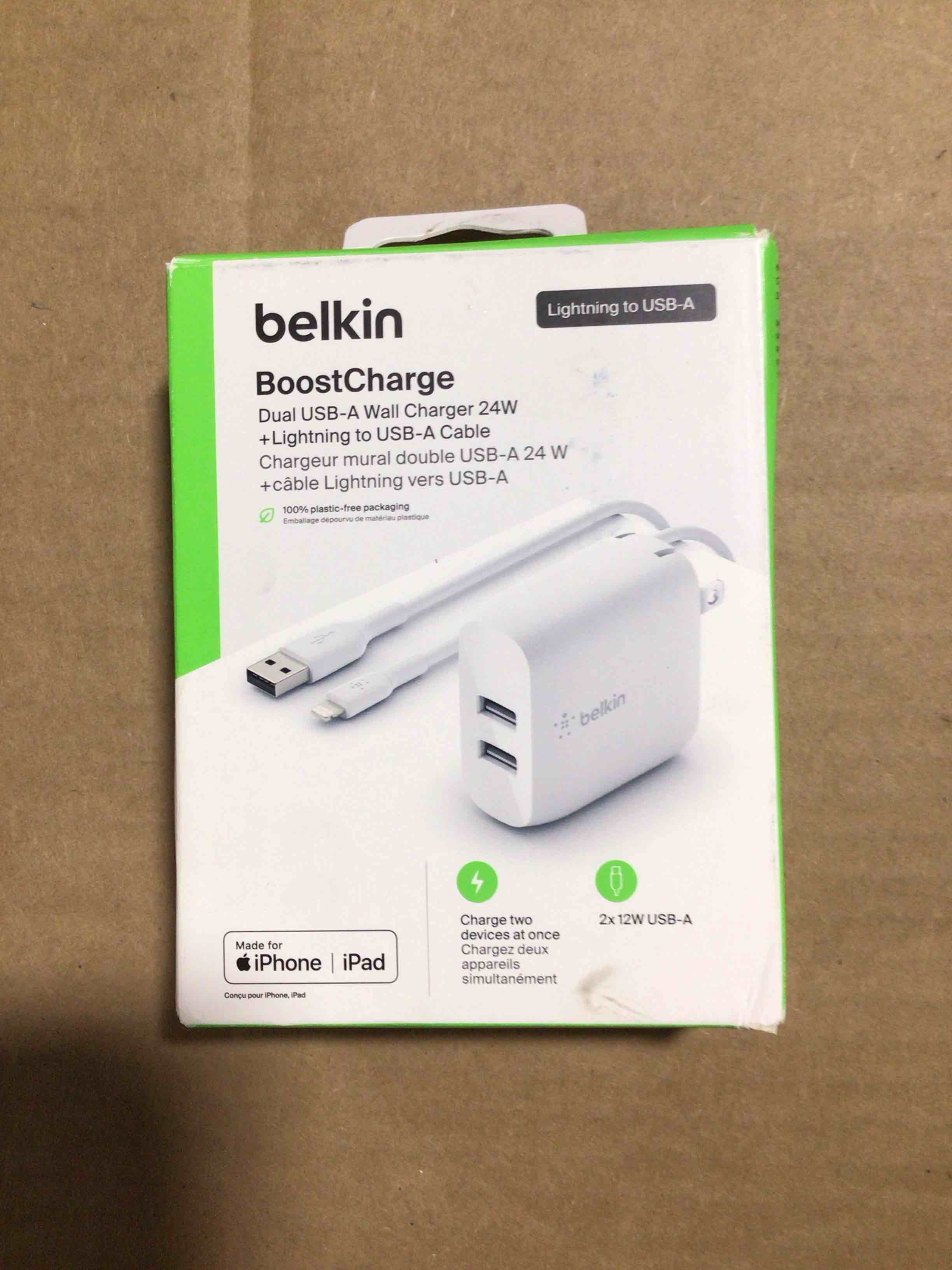Condition photo showing New/Like New for Belkin Dual USB Wall Charger (24W) + 8-Pin Cable for iPhone - White