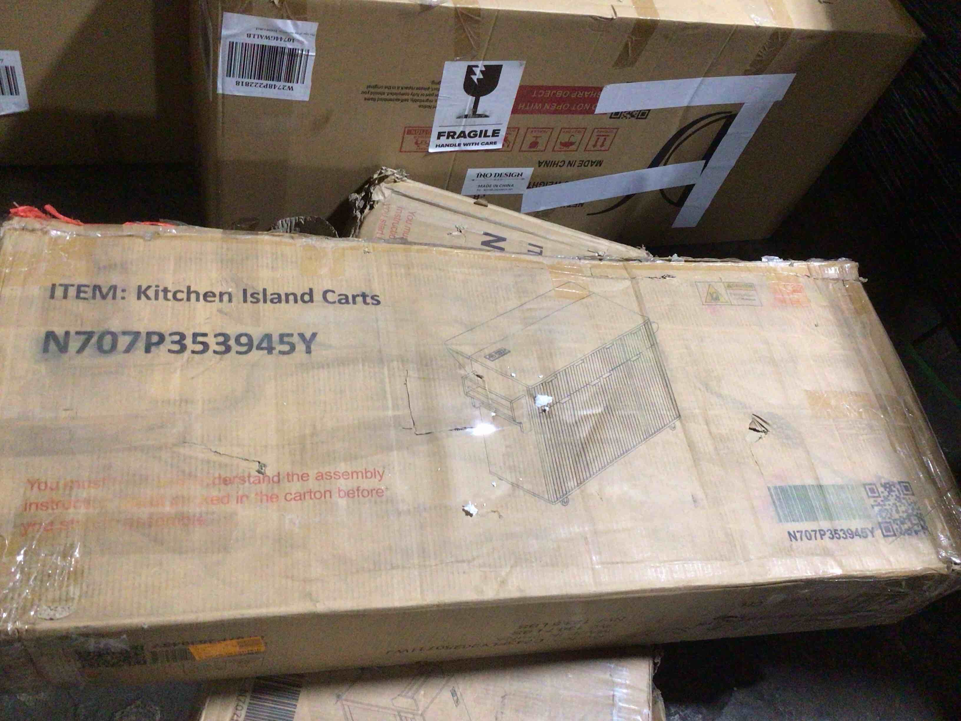 Condition photo showing Good Condition for Large Fluted Kitchen Island with Storage, 55.5" Rolling Island Table with Wood-Grain Top Drop Leaf, Power Outlet, 4 Door-Cabinet, 3 Drawers for Dining Room