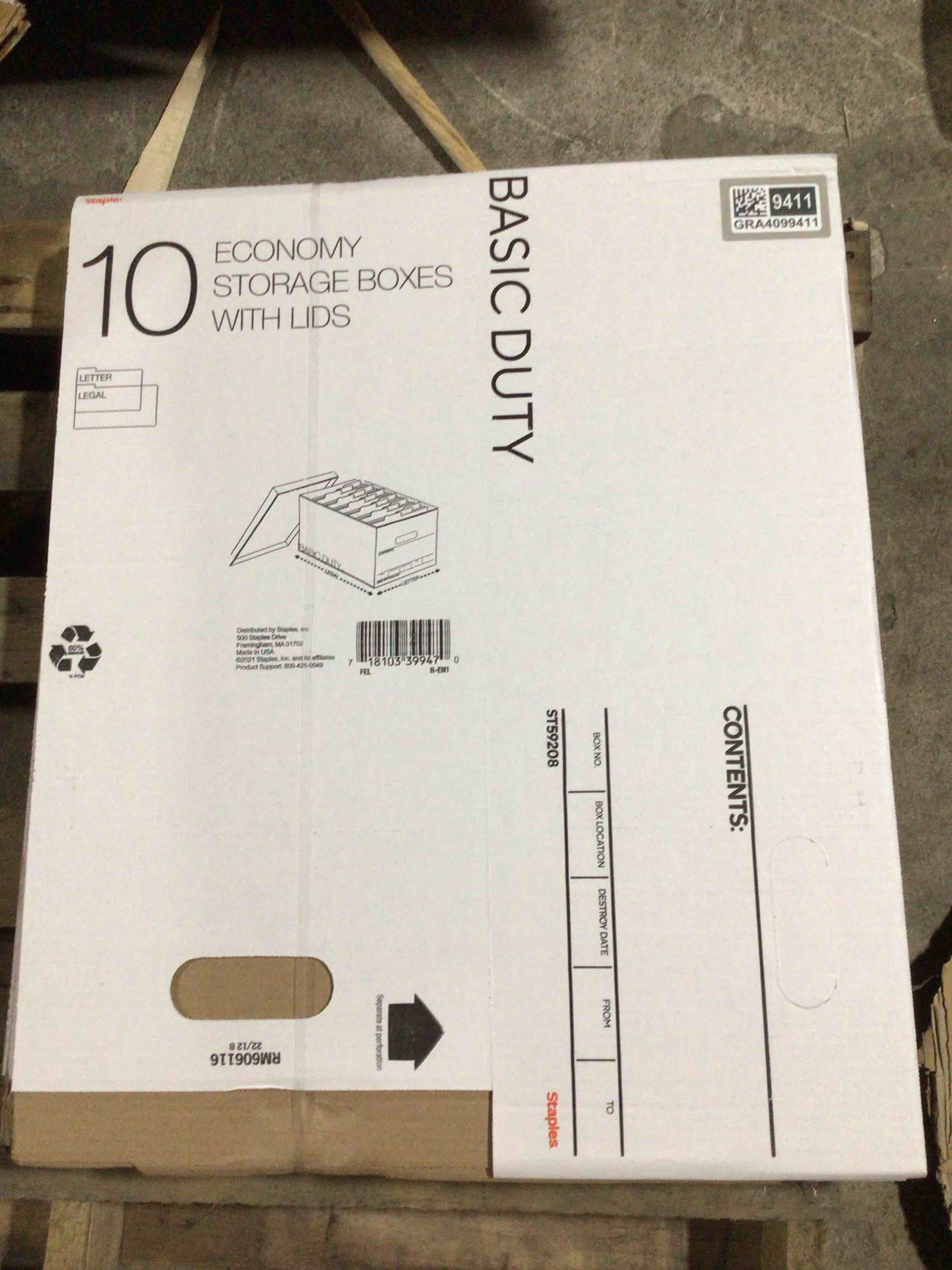 Condition photo showing New/Like New for staples 65% recycled corrugated file box lift off lid, letter/legal size, white/black, 10/pack (23325011)