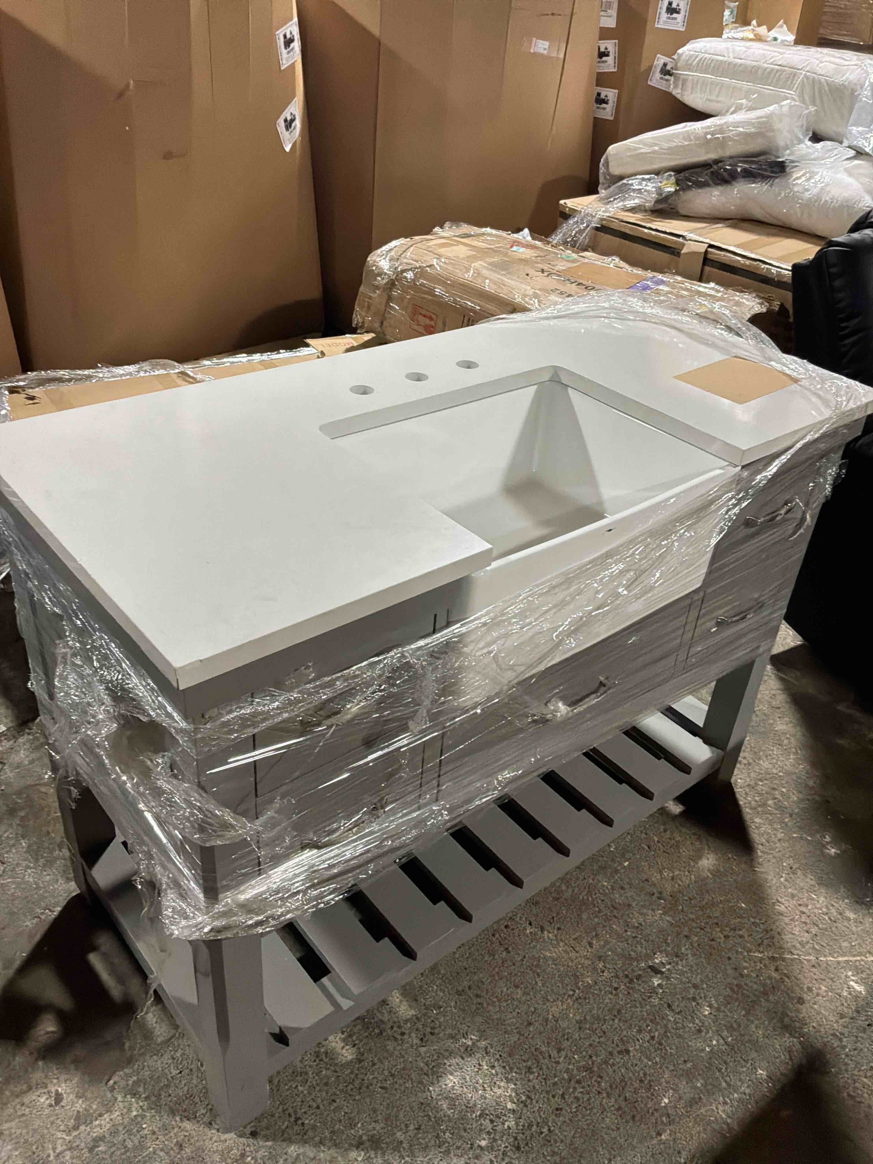 Condition photo showing Good Condition for 52IN Bathroom Vanity with Sink - Modern Freestanding Waterproof Solid Wood Bathroom Vanity, Smart Defog Mirror, Ceramic Integrated Basin, Premium Bath Storage Solution, Customizable, Grey