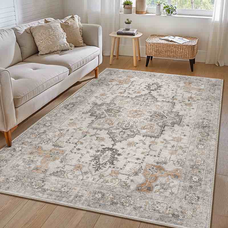 107x69 roehit beige/brown machine washable performance area rug with non-slip backing 