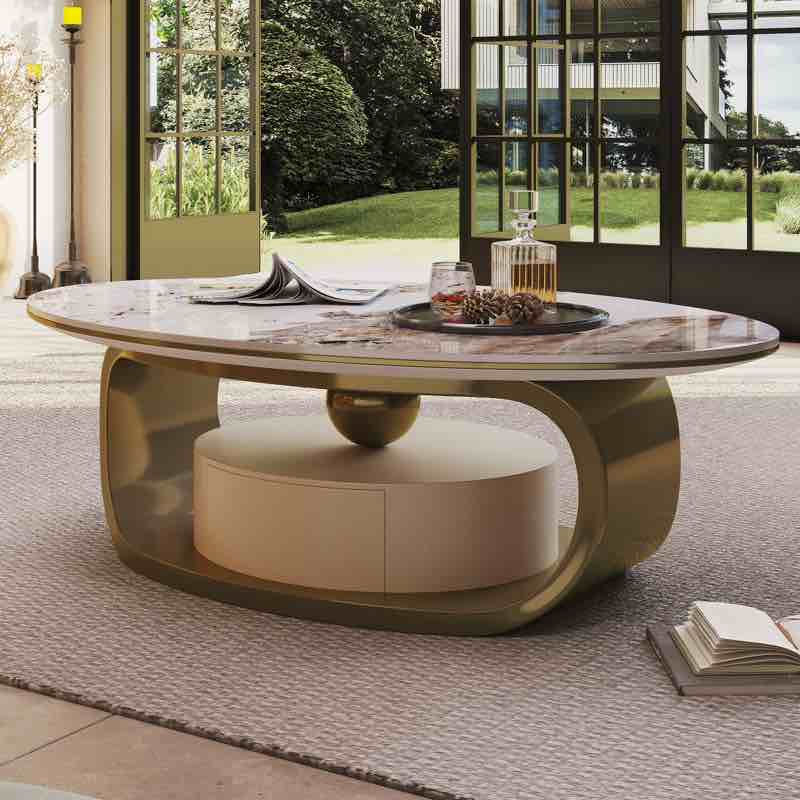 55" modern oval faux marble coffee table with sled base & storage drawer, sintered stone top, vintage-inspired center table