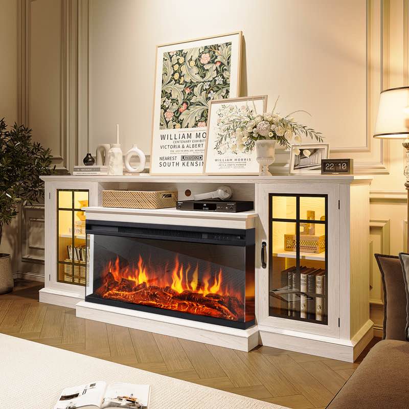 farmhouse tv stand with 36” electric fireplace and glass cabinet 