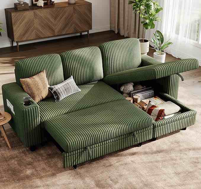 similar to linsy home sectional sleeper sofa pull out couches for living room (green, sleeper sofa 1) | pull out sofa bed, storage, usb charging, cup holders, plush corduroy