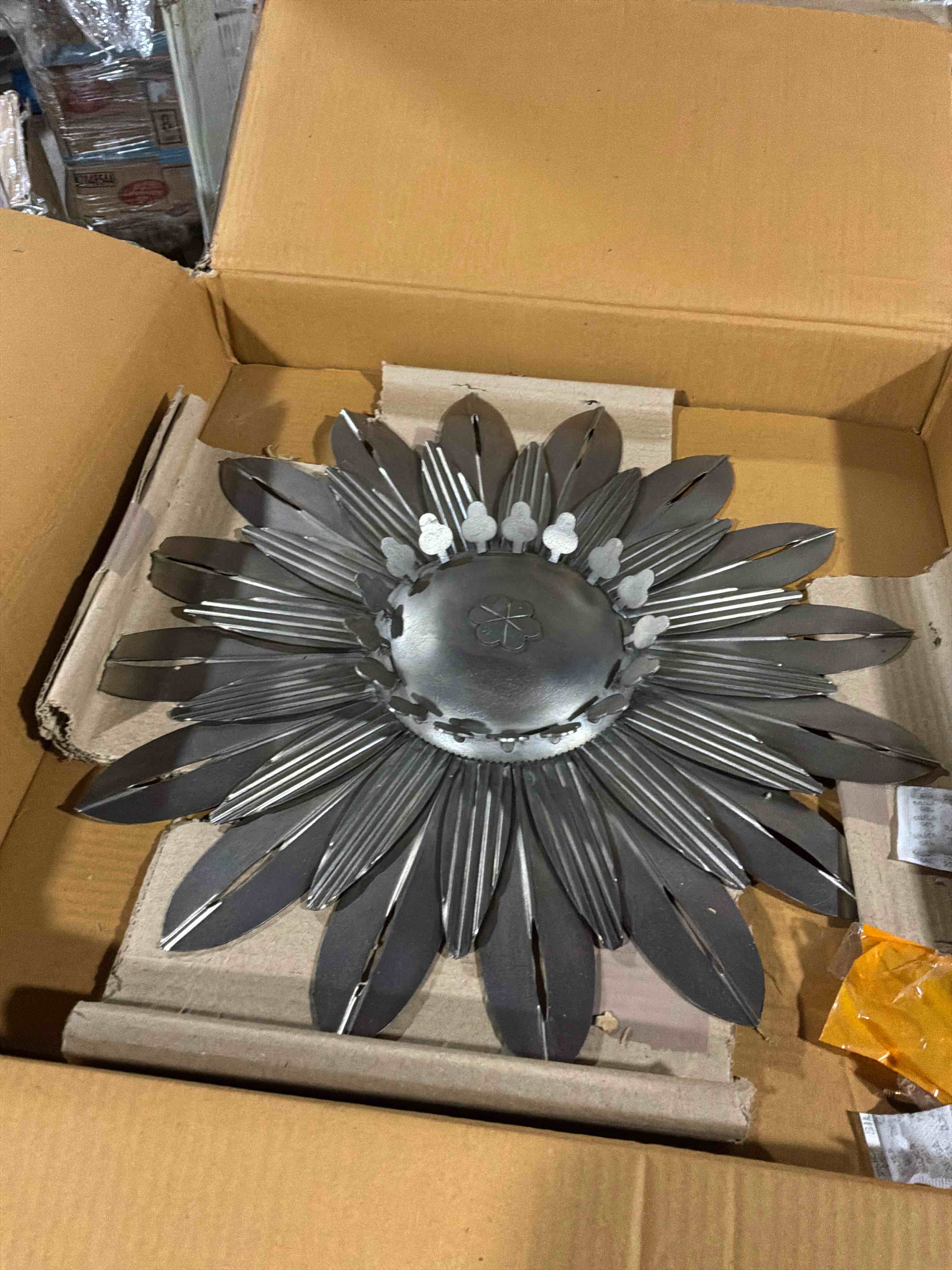 Condition photo showing New/Like New for park hill collection aged nickel wall dahlia, large, 18-inch diameter, iron, for decorative use, wall decor, home, office, kitchen, living room, indoor