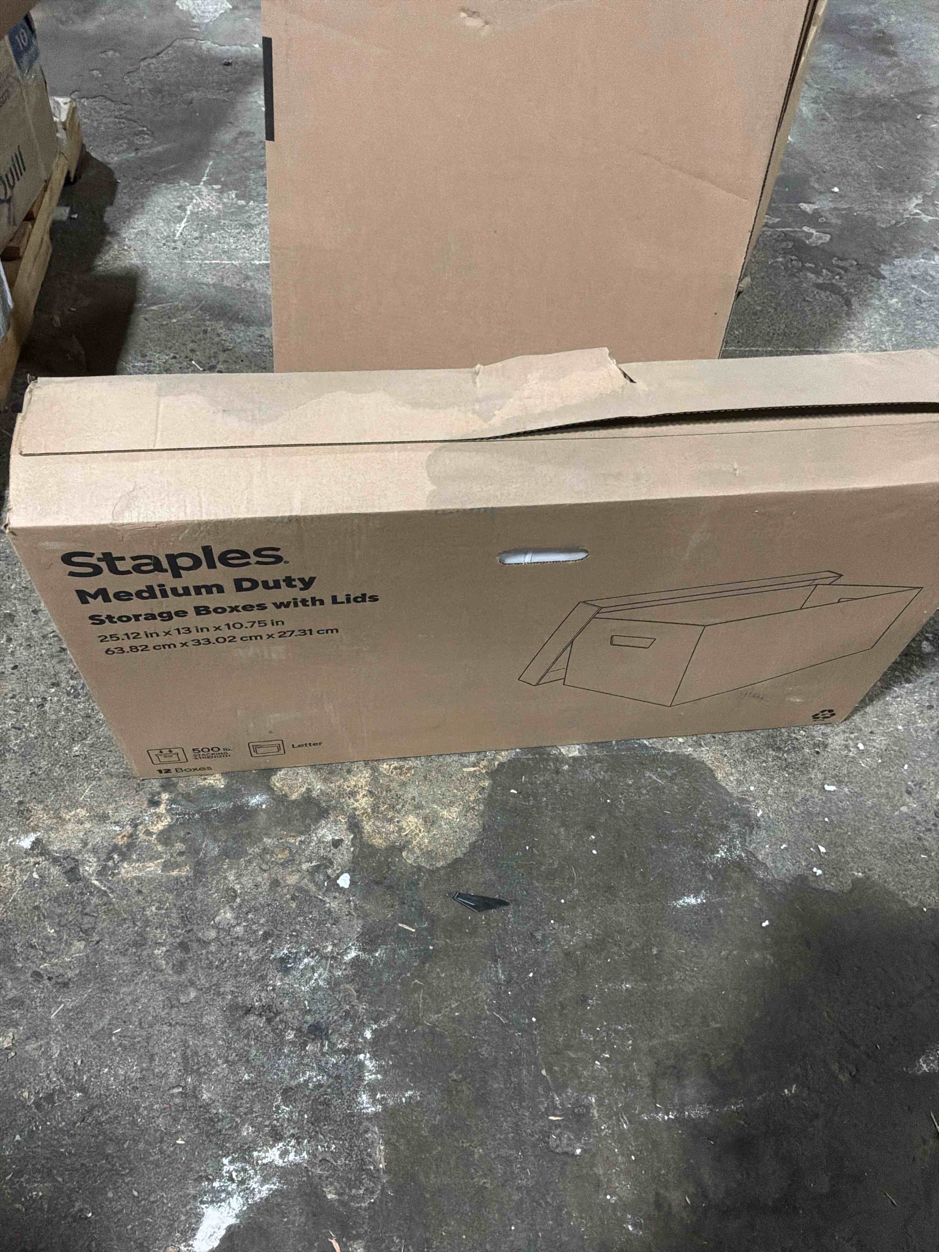 Condition photo showing New/Like New for staples medium duty storage boxes with lids 25.12 in x 13 x10.75 in
