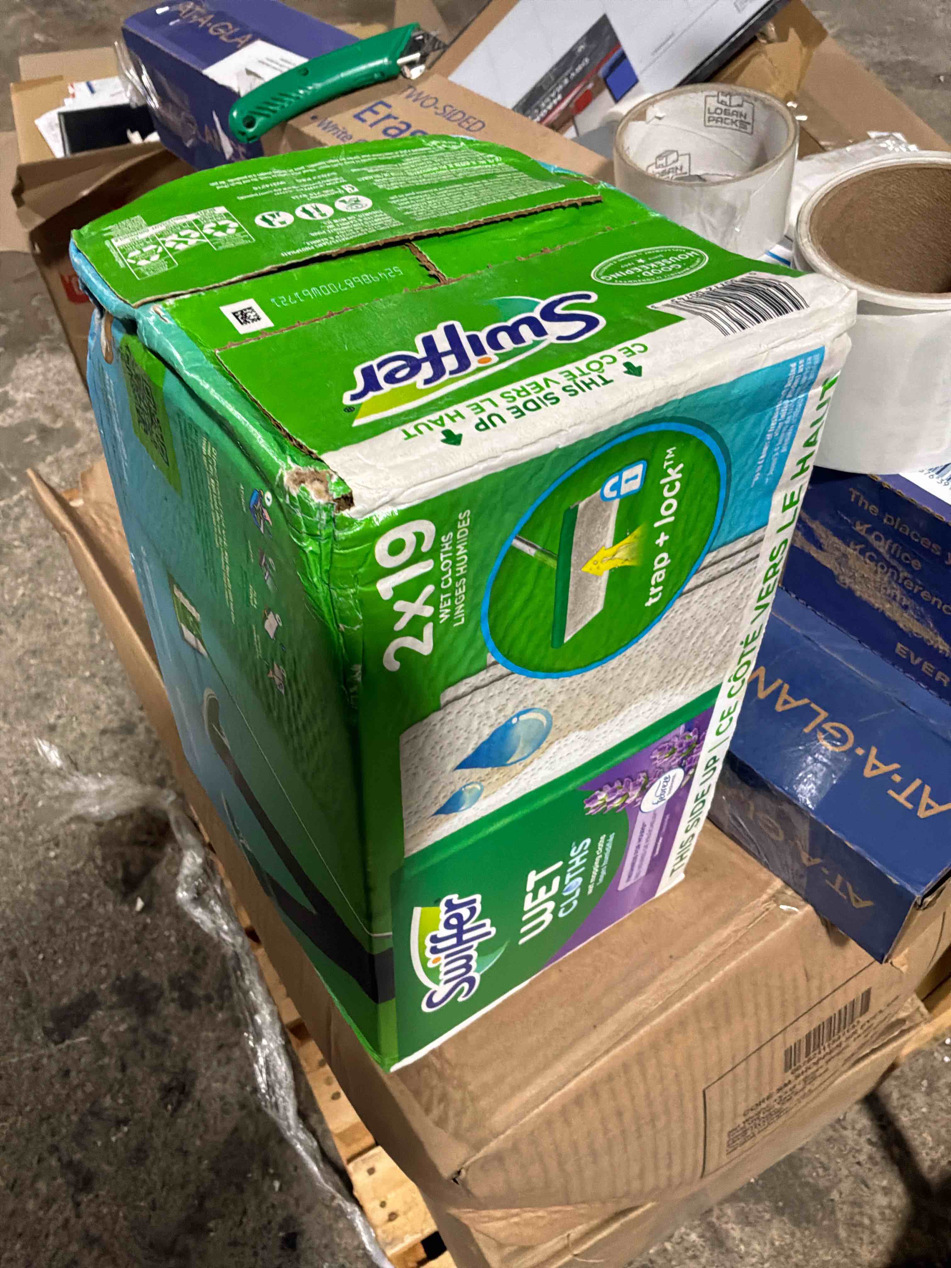 Condition photo showing As Is for swiffer wet mopping cloths lavender 38 count 2 packs 19 pads each