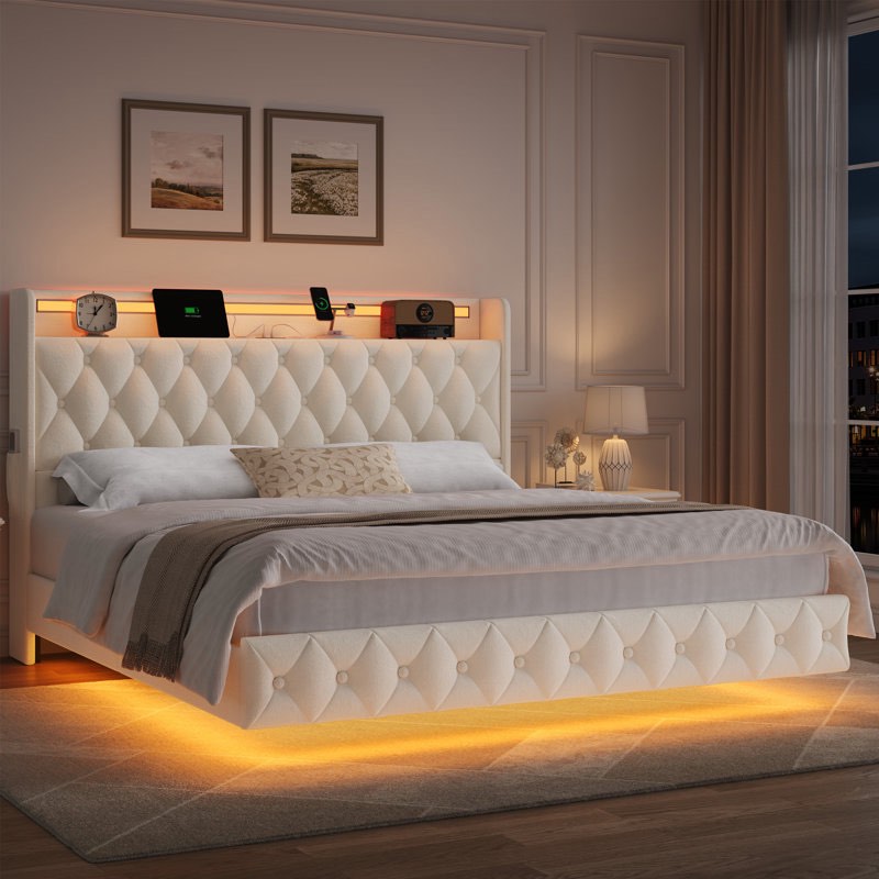 Upholstered Floating Bed With LED Lights Charging Port Full,Queen,king