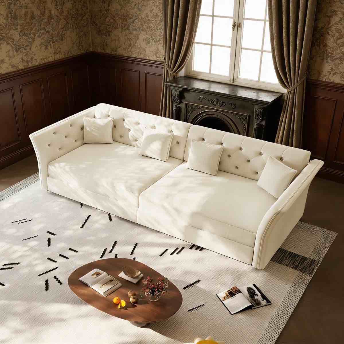 100" Oversized Pull Out Sofa Bed, Convertible Sleeper Loveseat With Handmade Flower Tufted Velvet Upholstery