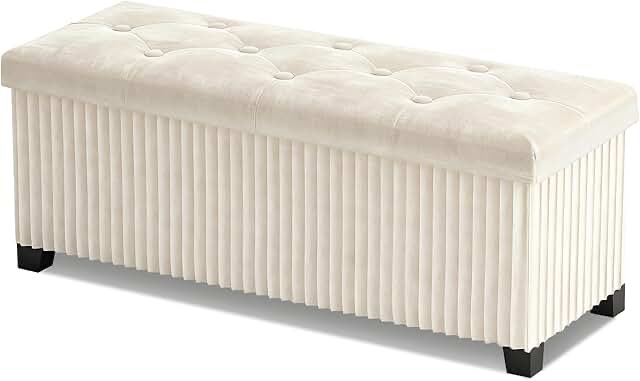 storage ottoman bench, 43 inch foldable ottoman with legs, velvet foot rest stool, end of bed bench, storage chest for living room, bedroom (beige)