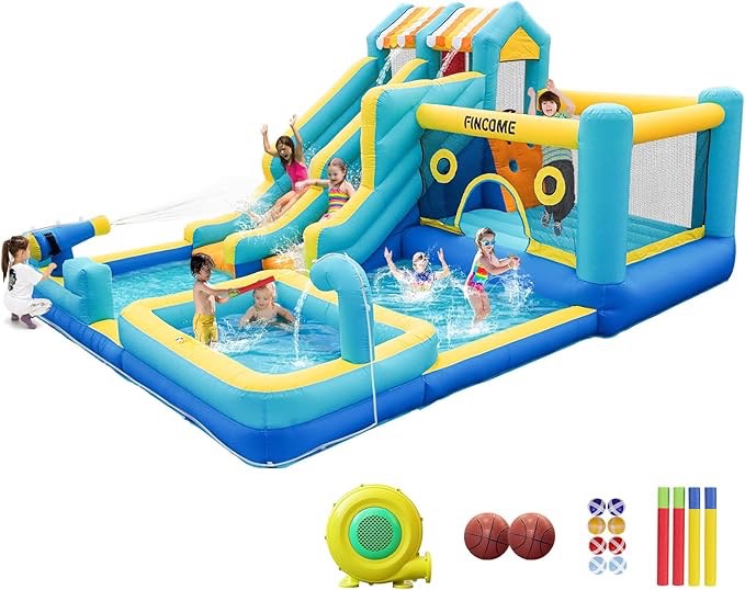 inflatable bounce house, 10 in 1 double water slide bounce house with 750w blower, climbing wall, jumping, water gun, splash pool, basketball hoop, bouncy castle for indoor outdoor backyard