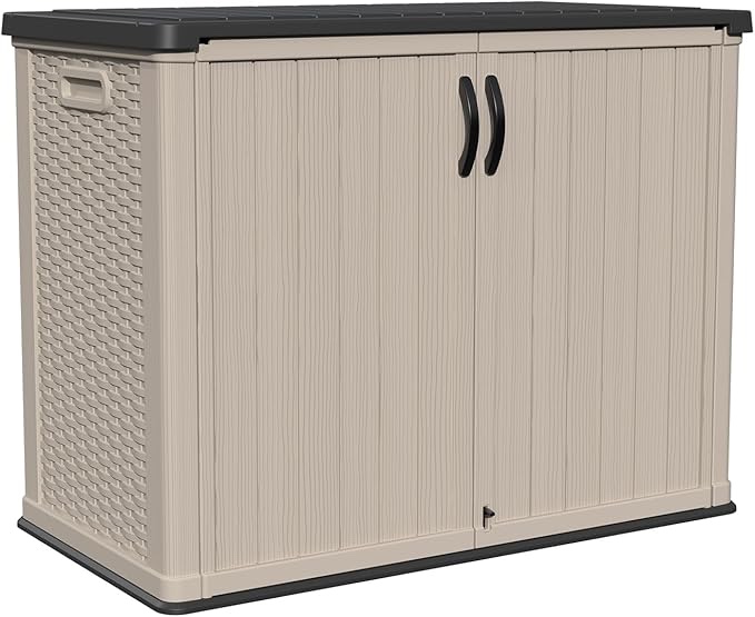 patiowell 26 cu.ft plastic outdoor storage shed, lockable waterproof resin outdoor storage cabinet tool shed for garden tools, garbage cans, pool supplies, beige(not include shelves)