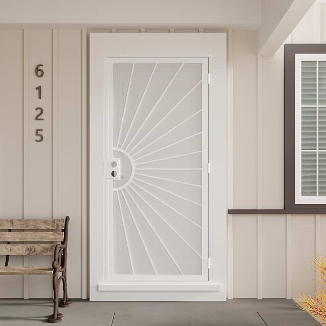 jubest 36 in. x 80 in security door exterior front entry deer outswing steel security door with perforated metal screen, powder coated white, lack not include