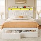 rolanstar bed frame with drawer, storage headboard with charging station and led lights, upholstered bed with heavy duty wood slats, no box spring needed, noise free, easy assembly