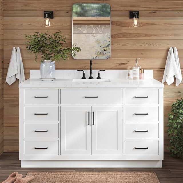 ARIEL Hepburn 60" White Bathroom Vanity with Sink, 1.5" Edge Carrara Quartz Countertop & Splash, Rectangular Sink, 2 Soft Closing Doors, 8 Full Extension Dovetail & 1 45-Degree Tilt Drawers, Toe Kick (incomplete missing one sink)