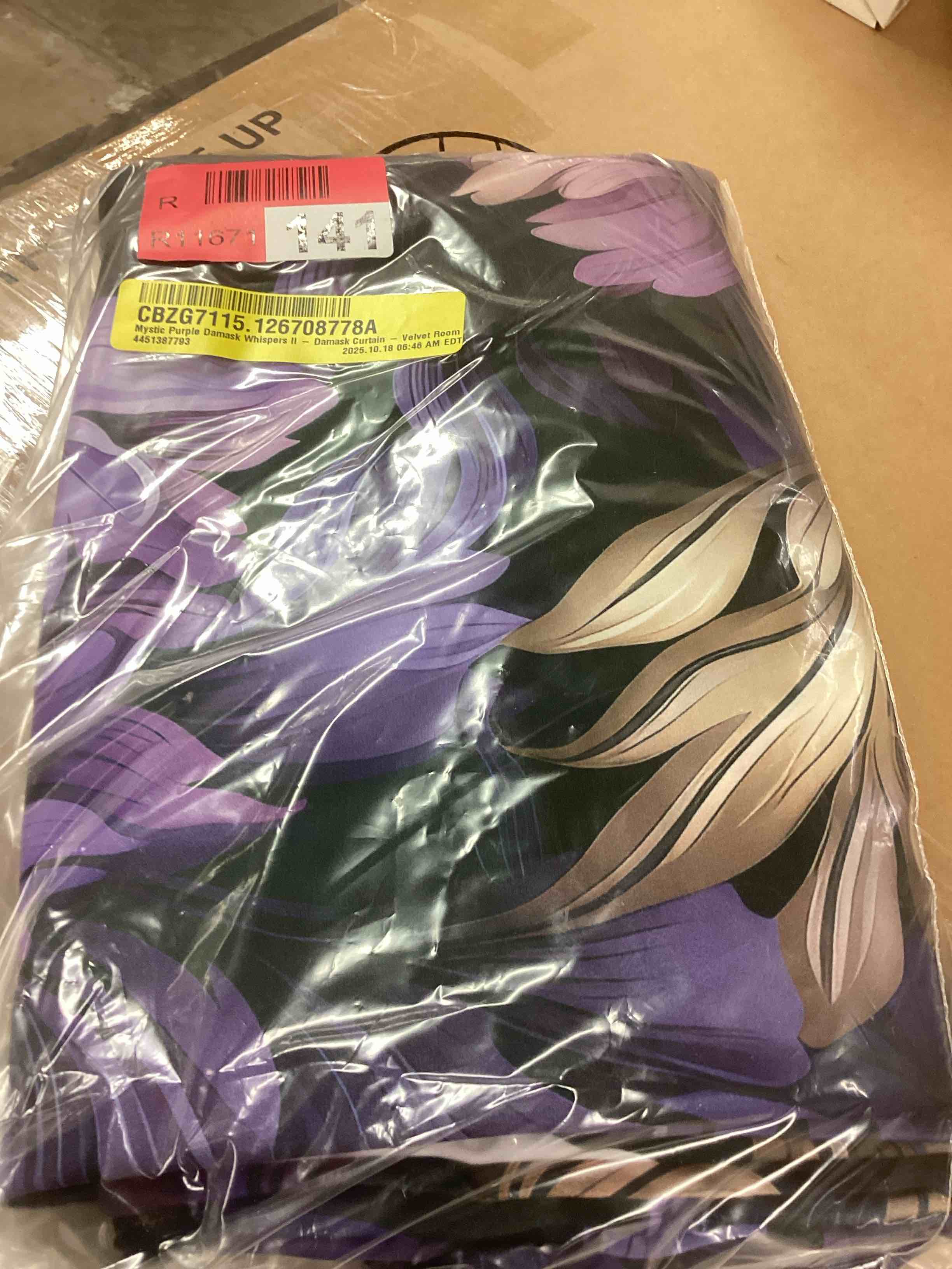 Condition photo showing New/Like New for mystic purple damask whispers i| - damask curtain - velvet room