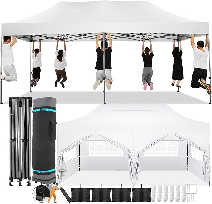 cobizi 10x20 pop up canopy with 6 sidewall,heavy duty canopy upf 50+ all season wind waterproof commercial outdoor wedding party tents for parties gazebo with roller bag(10 x 20 ft black)