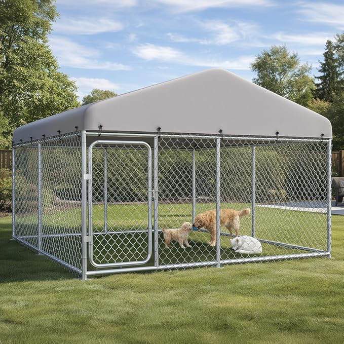 comhoma 10×10ft outdoor dog kennel with roof,heavy duty metal dog enclosure with weather-resistant cover & secure lock for medium large dogs (incomplete one box only)