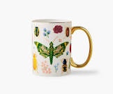 rifle paper co. curio porcelain mug - porcelain 16 oz mug, full-color illustration with metallic gold accents, 4.5" lx 3.125" w, intricate nature designs with gilded rim and handle set of 4