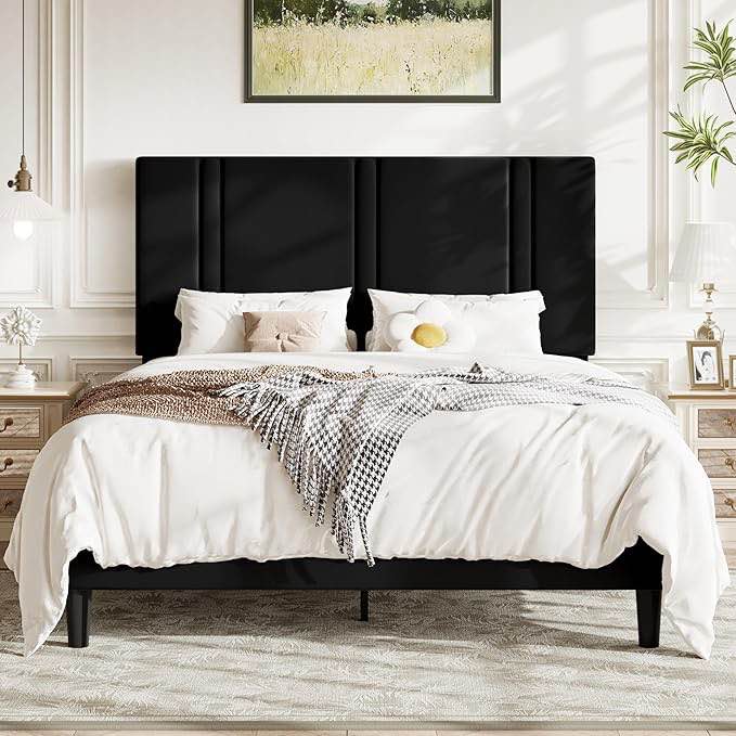 allewie queen platform bed frame wit headboard, plush vellvet uphoisterad, vertical channel tufted, sturdy wooden slats, black
