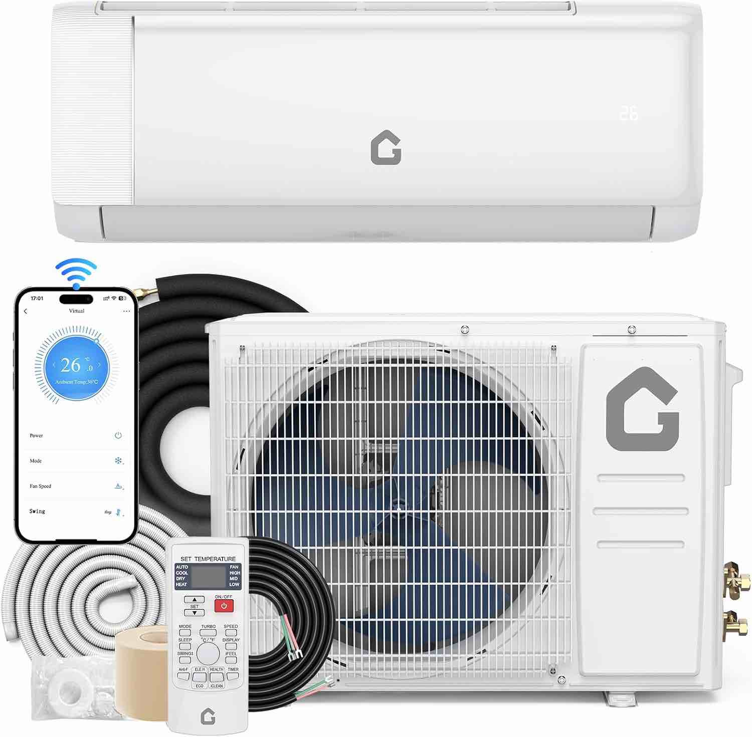 garvee 18000 btu 19 seer2 230v mini split air conditioner | energy-efficient inverter ac system with wifi, remote control & easy installation kit for rooms up to 1250 sq.ft (incomplete one box of two only)