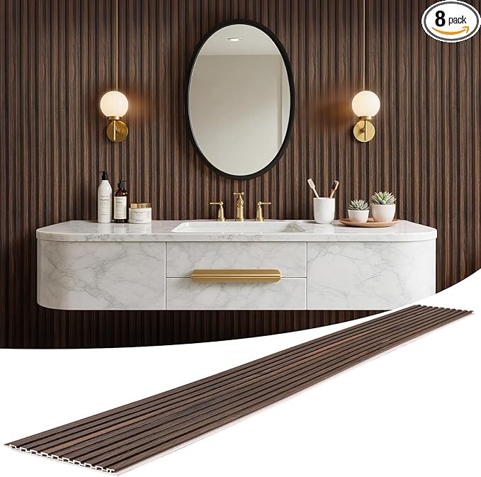 wpc slat wall panels 8 pack 96" x 8.", waterproof fluted wall paneling, accent 3d wall panel for wall decor, bathroom, bedroom, office - widen low grille walnut