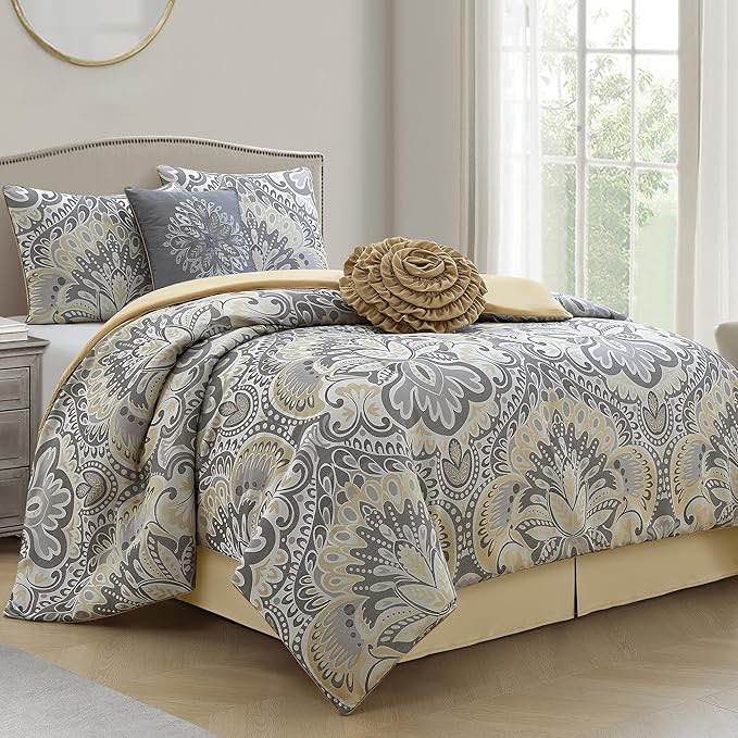 6 Piece Comforter Set, King, Elegant Floral Jacquard, Ultra Soft Bed Set for All Seasons, Bed in a Bag, Include Comforter, Bed Skirt, Pillow Shams & Decor Pillows 