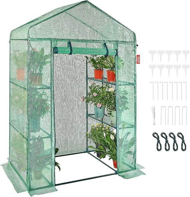 vevor walk-in green house, 55.5 x 29.3 x 80.7 inch, portable greenhouse with shelves, high strength pe cover with roll-up zipper door and steel frame, set up in minutes, for planting and storage