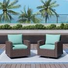 dark brown rattan wicker outdoor patio swivel chair with aqua blue cushions (1-pack)
