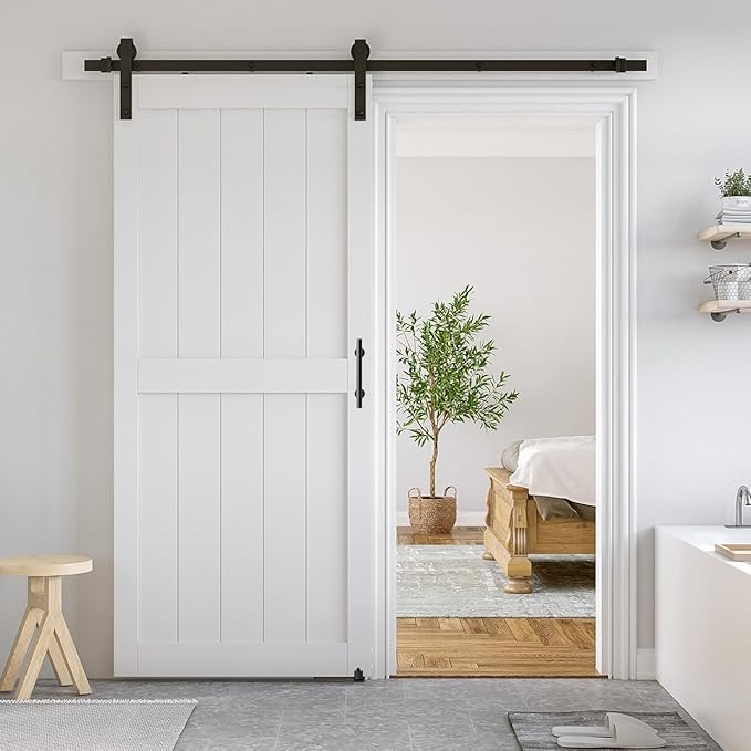 smartstandard 36 x 84 inch white sliding mdf barn door with 6.6ft black sliding door hardware kit & handle, pre-drilled ready to assemble, waterproof pvc coating, h-frame
